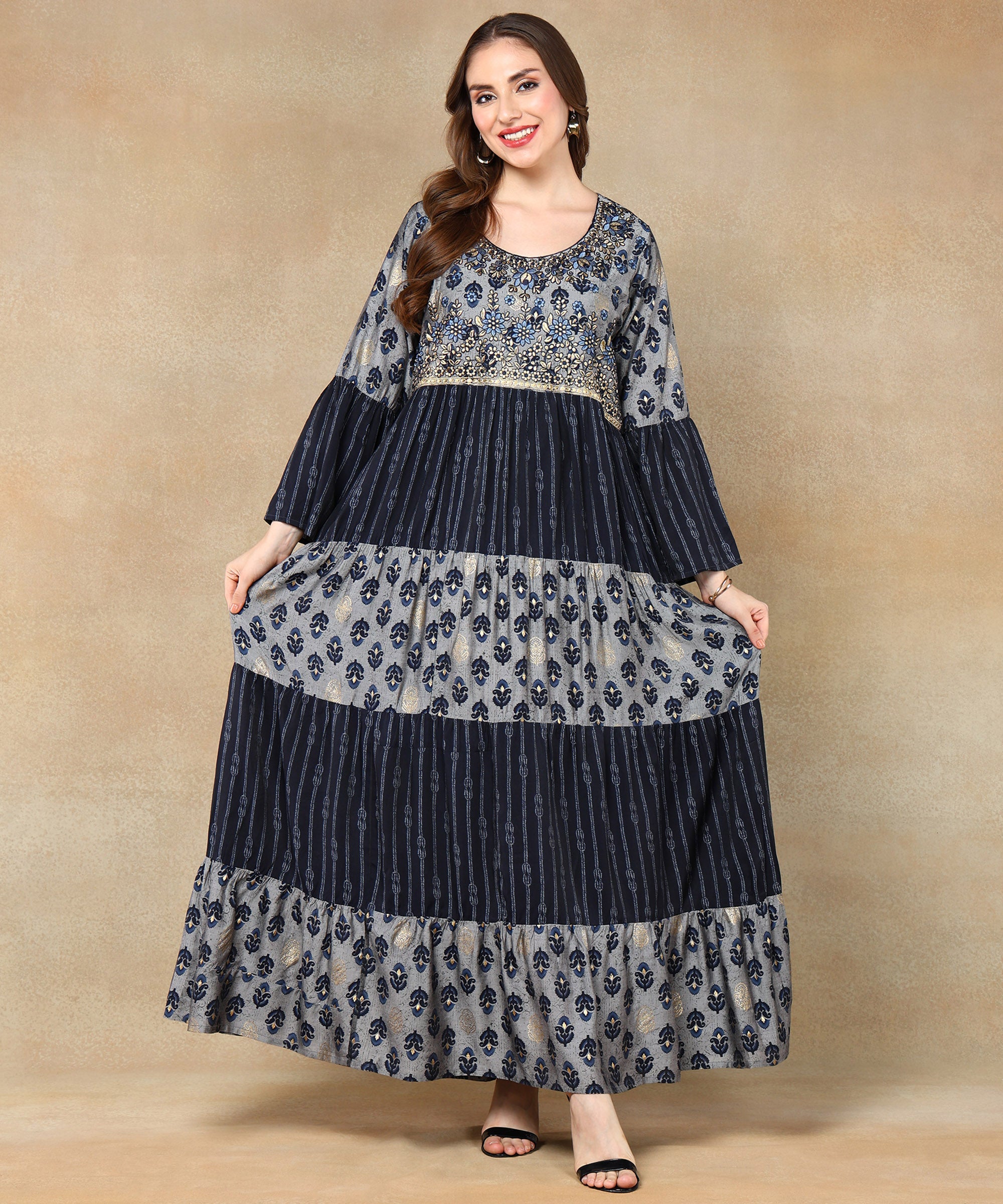 Tiered Navy Blue & Grey Kaftan with Flower Embroidery on Yok