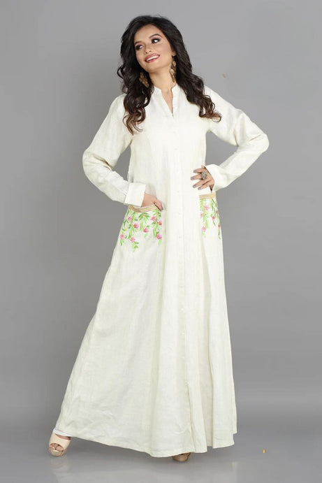 Cream Schiffli Cotton kaftan With Embroidery on pockets and collar