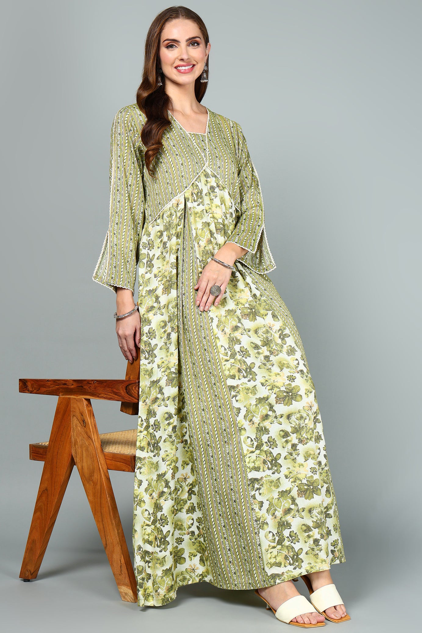 Sage Green Rayon Kaftan with Long Sleeves and Lace Embellishments