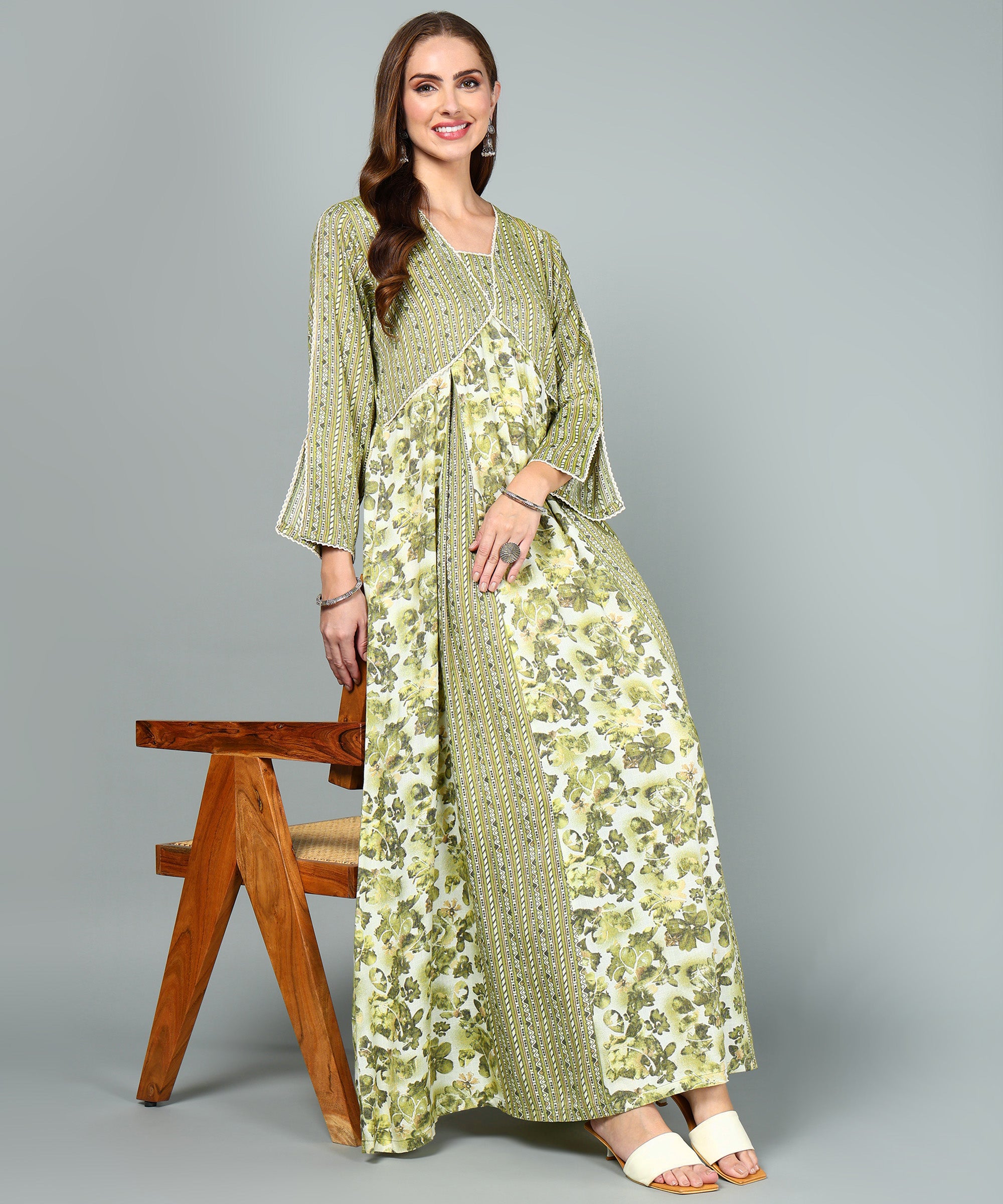 Sage Green Rayon Kaftan with Long Sleeves and Lace Embellishments