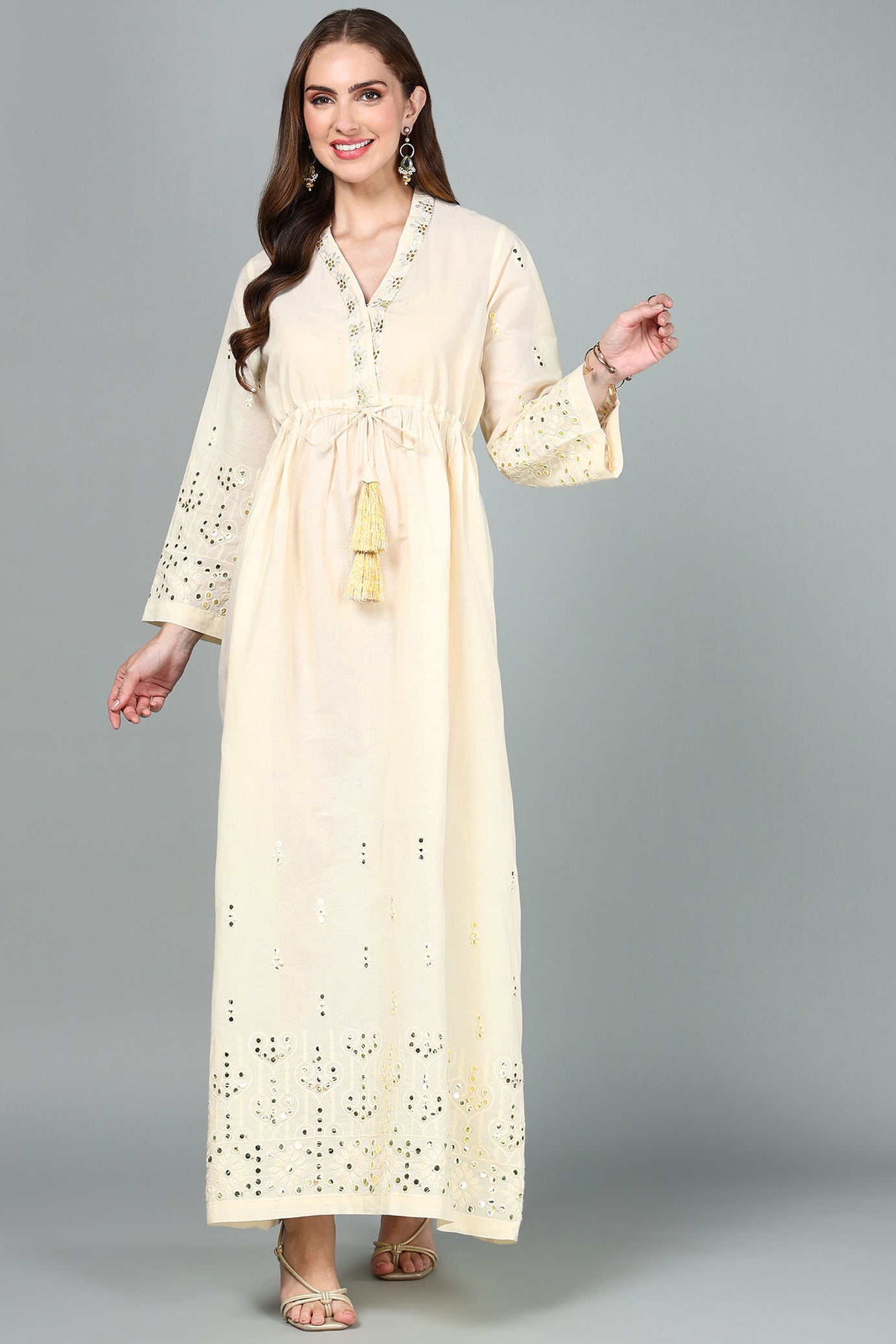 Beige Cotton Kaftan With Mirror Work