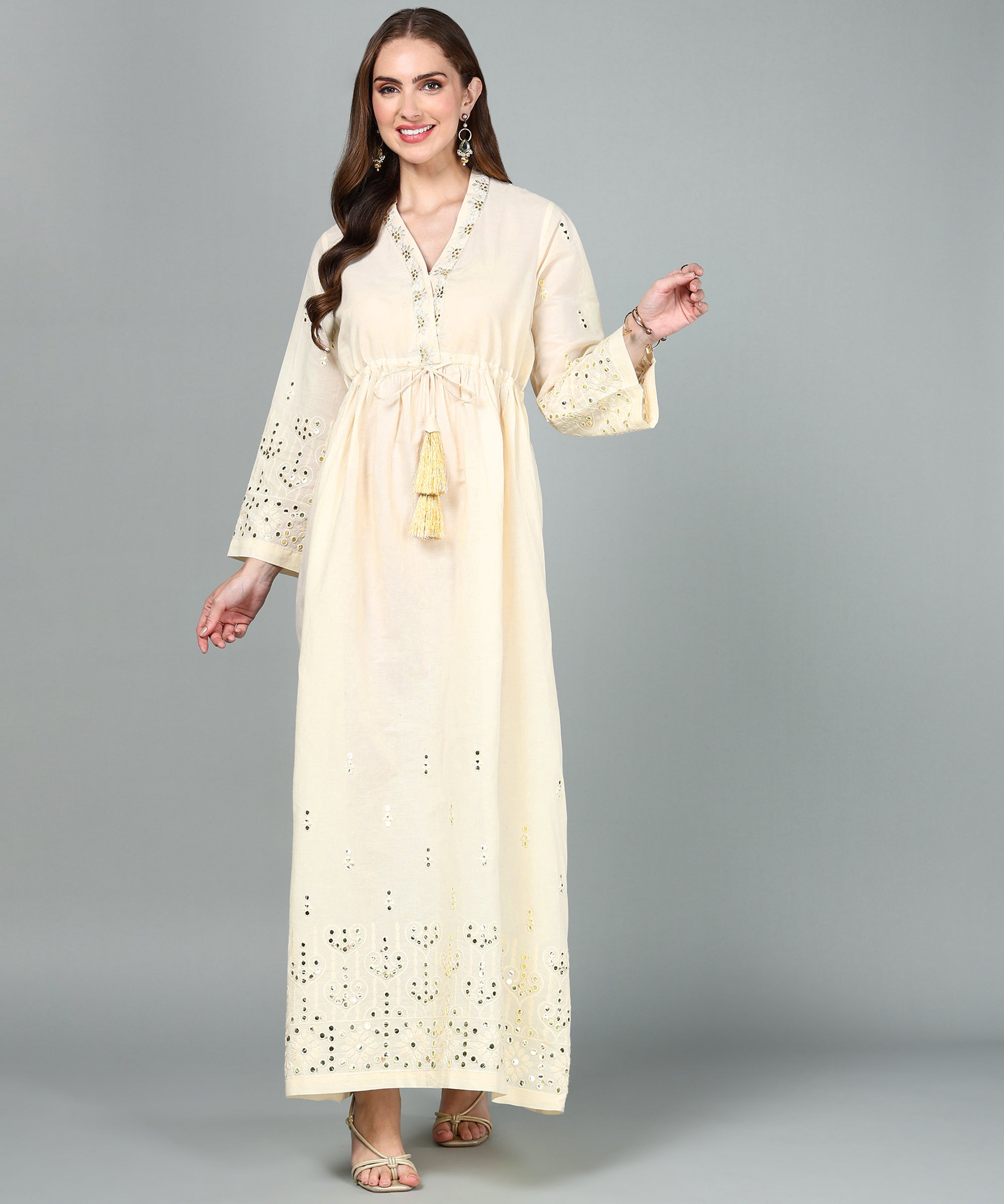 Beige Cotton Kaftan With Mirror Work