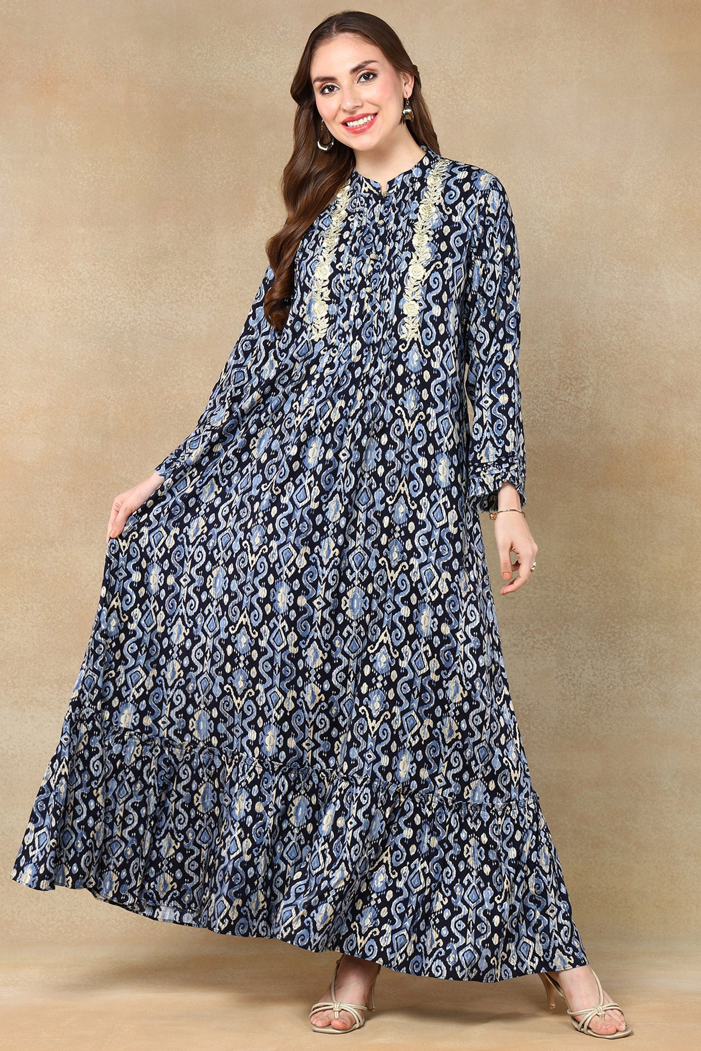 Ikkat Pattern Blue Kaftan  With Gold Thread Embroidery