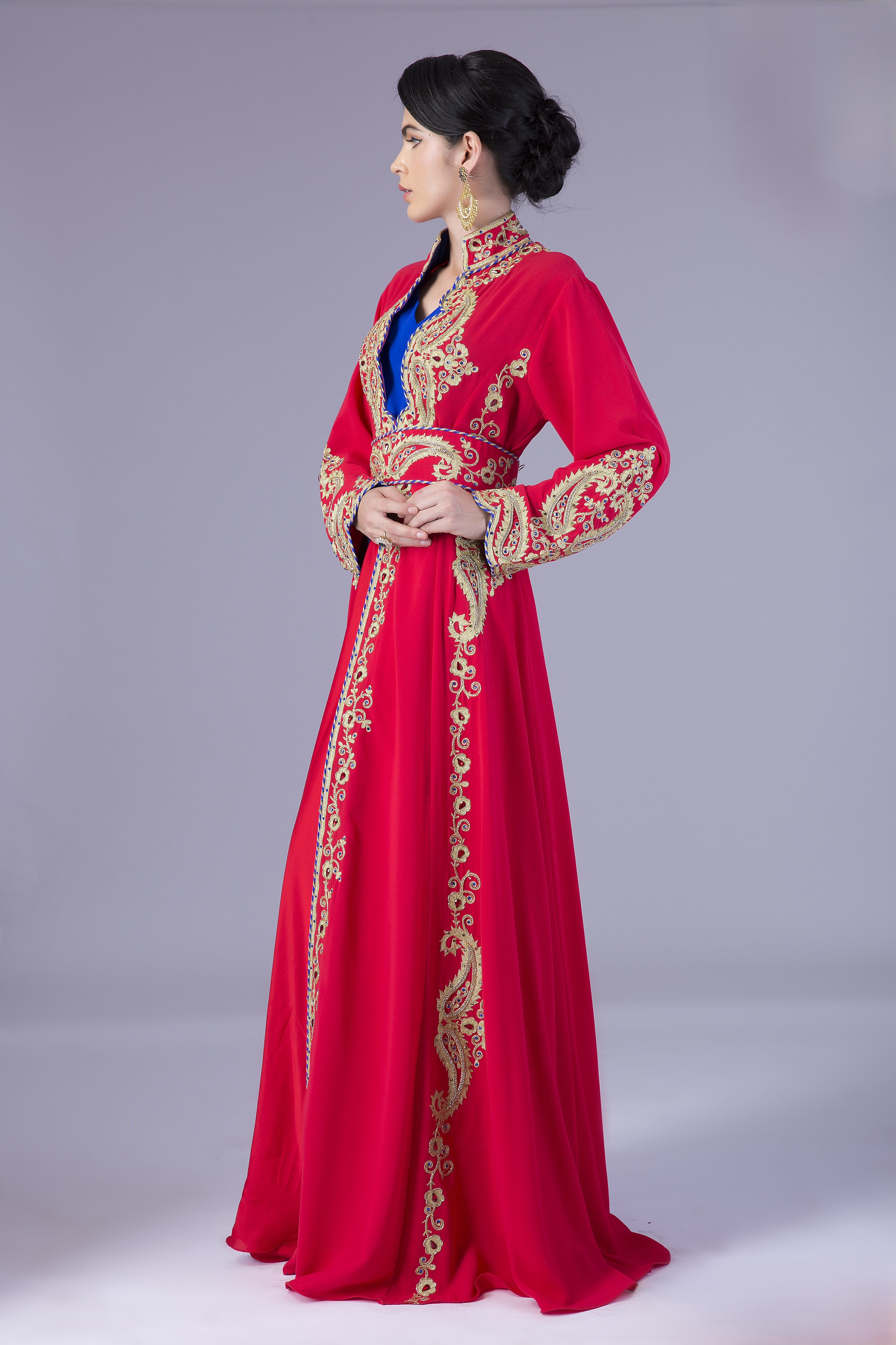 Elegant Embroidered Ensemble : Red Kaftan With Golden and Blue Embroidery