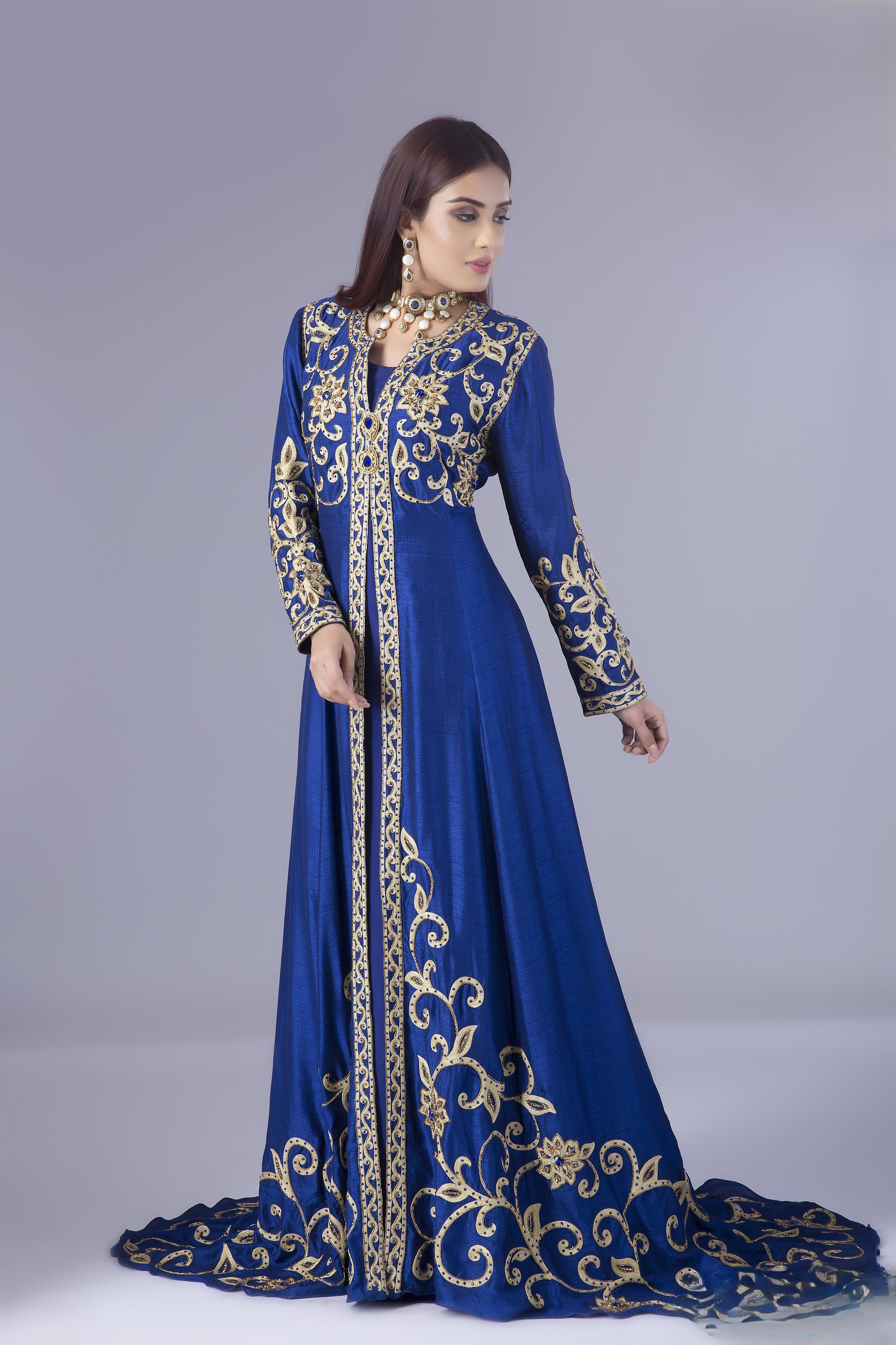 Royal Blue Golden thread embroidered kaftan With Trail, highlighted by hand work