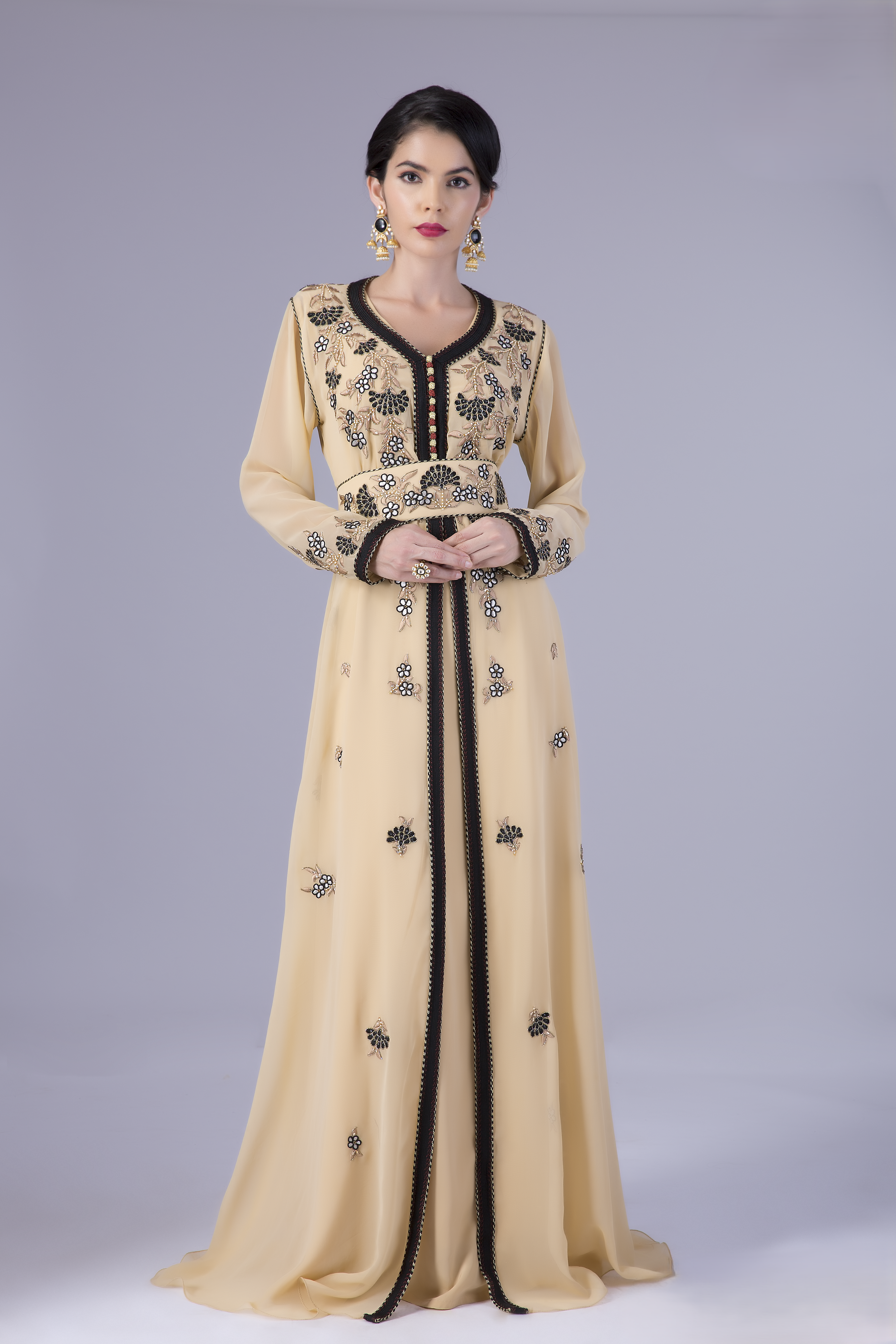 Beige Georgette Jacket Set With Black/Beige Embroidery highlighted by Hand