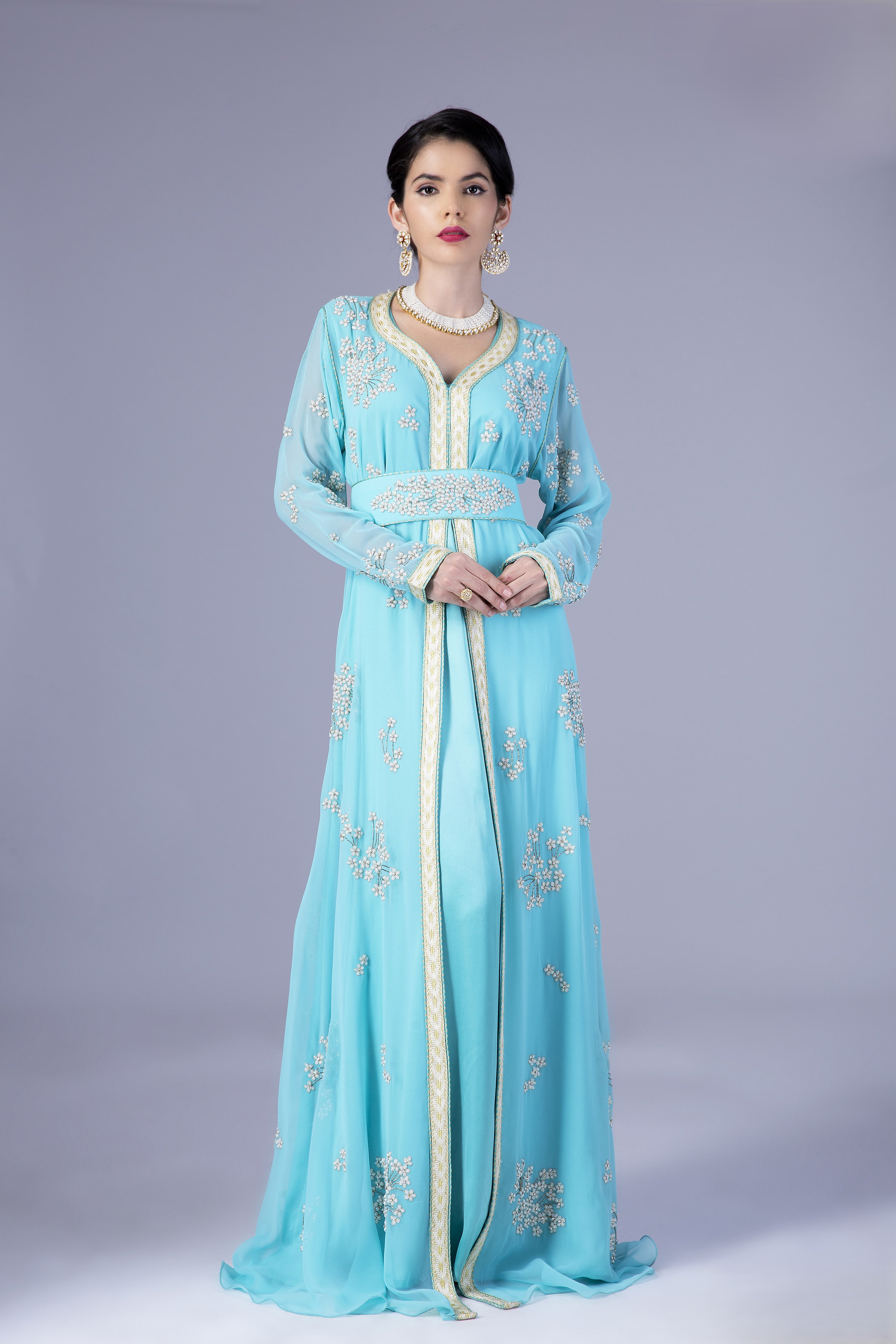 Turquoise Blue Double Georgette A-Line Kaftan with Elegant Floral Embroidery With Cream Beads Hand Emboridery