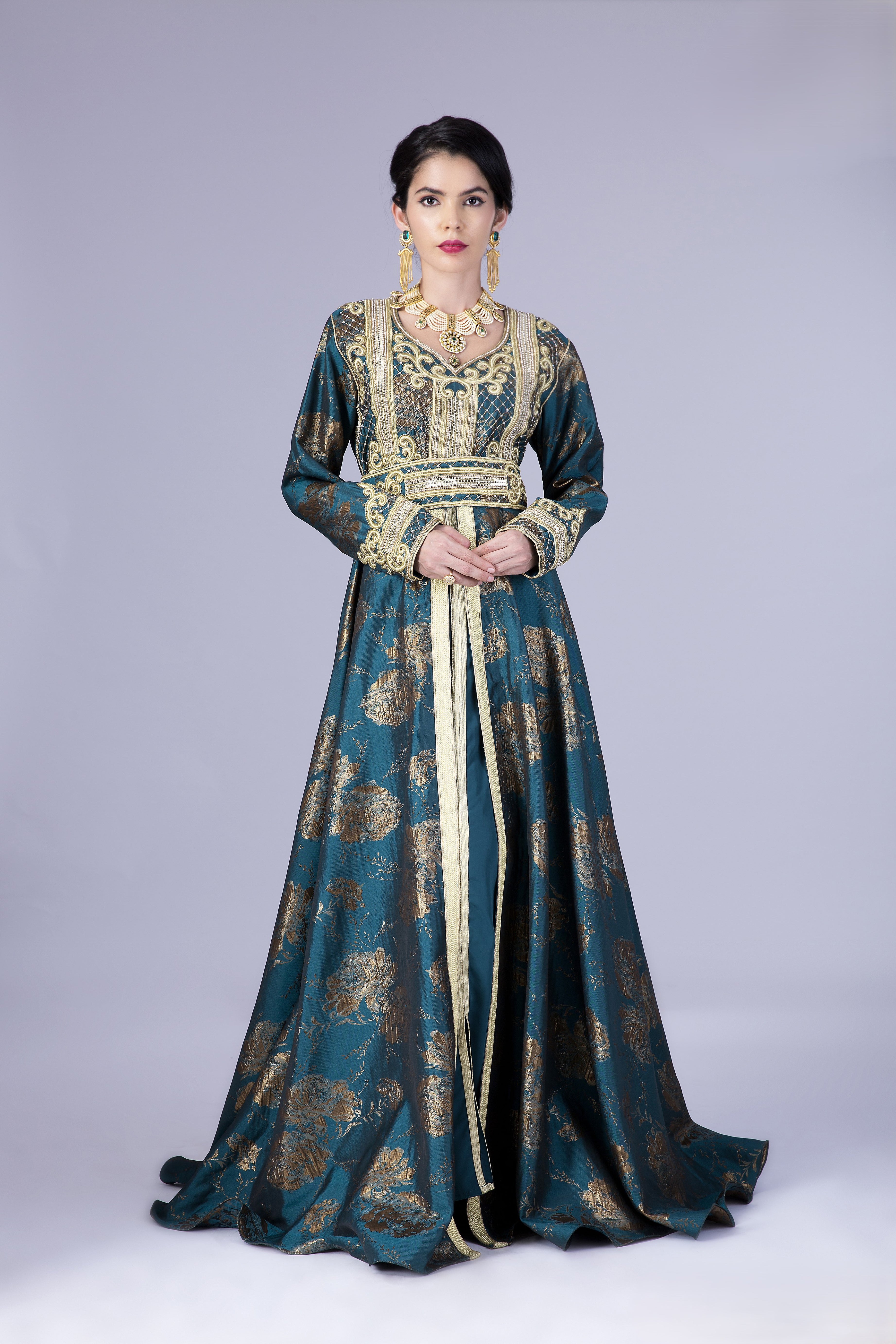 Emerald Green Jacquard Kaftan With Gold Thread  Embroidery highlighted by crystals