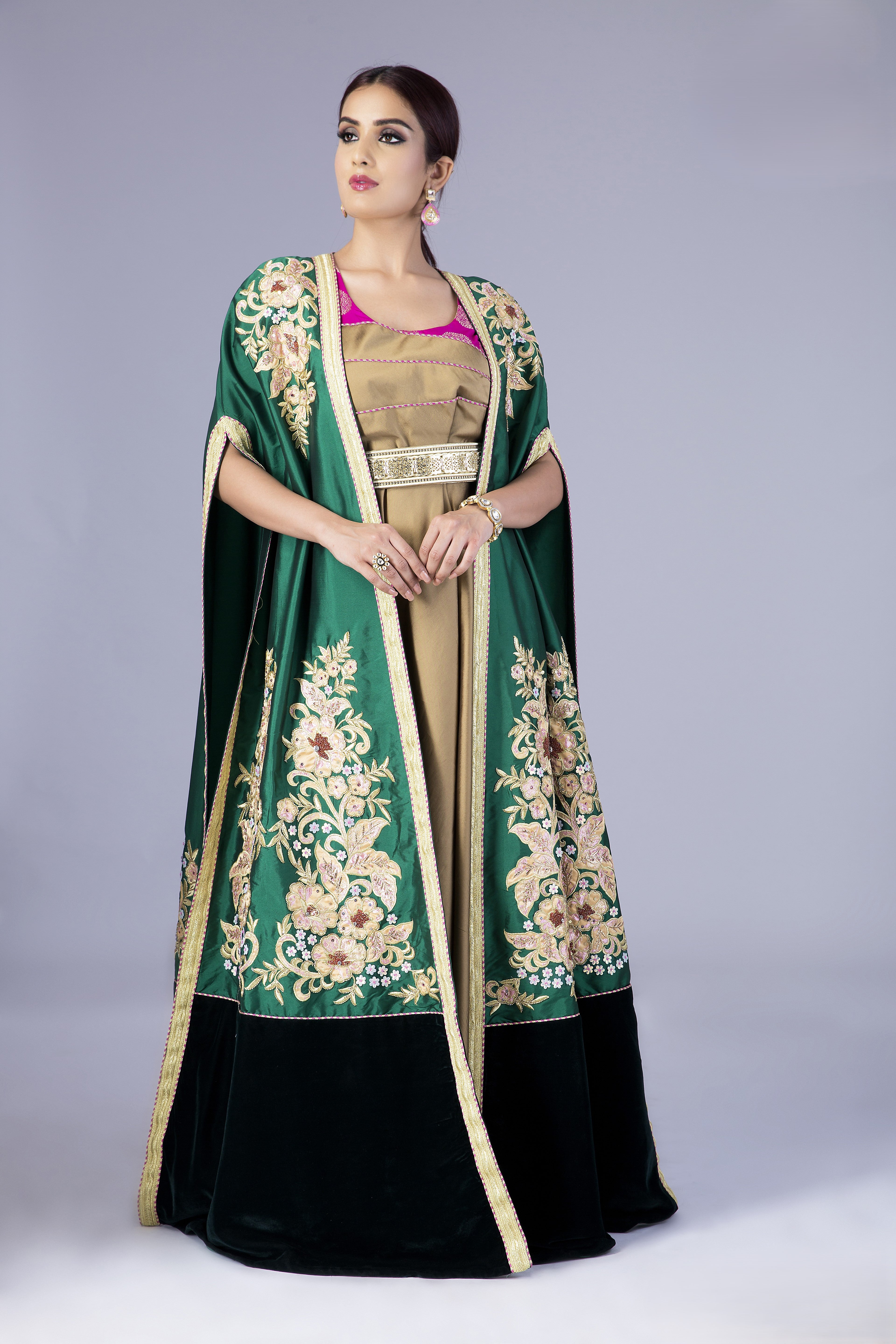 Emerald Green Tafetta Embroidered Wedding kaftan With Dull Gold Inner Slip