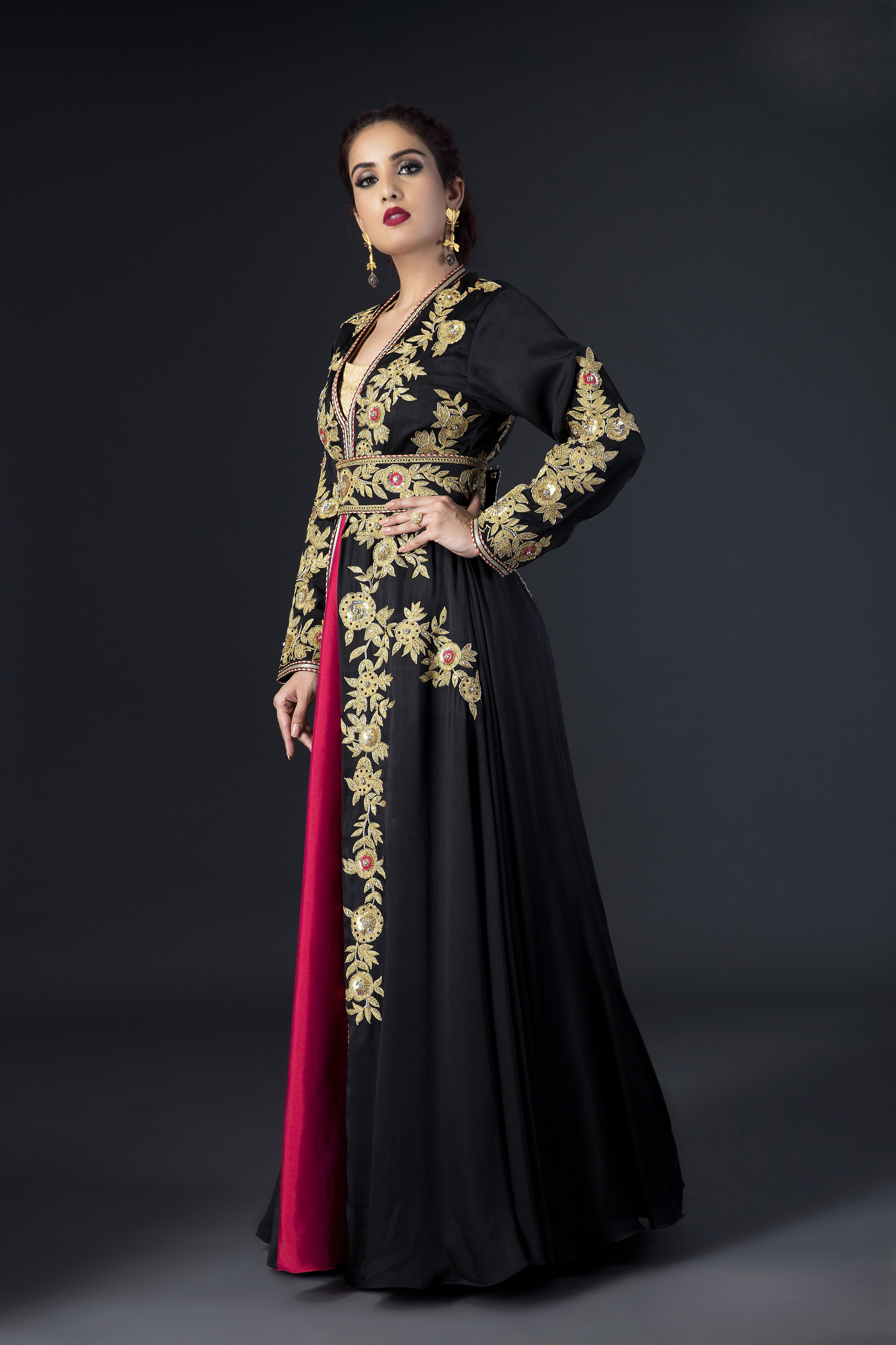 Black kaftan With Gold Zari Aari Work and Golden Hand hilight for evening party gown