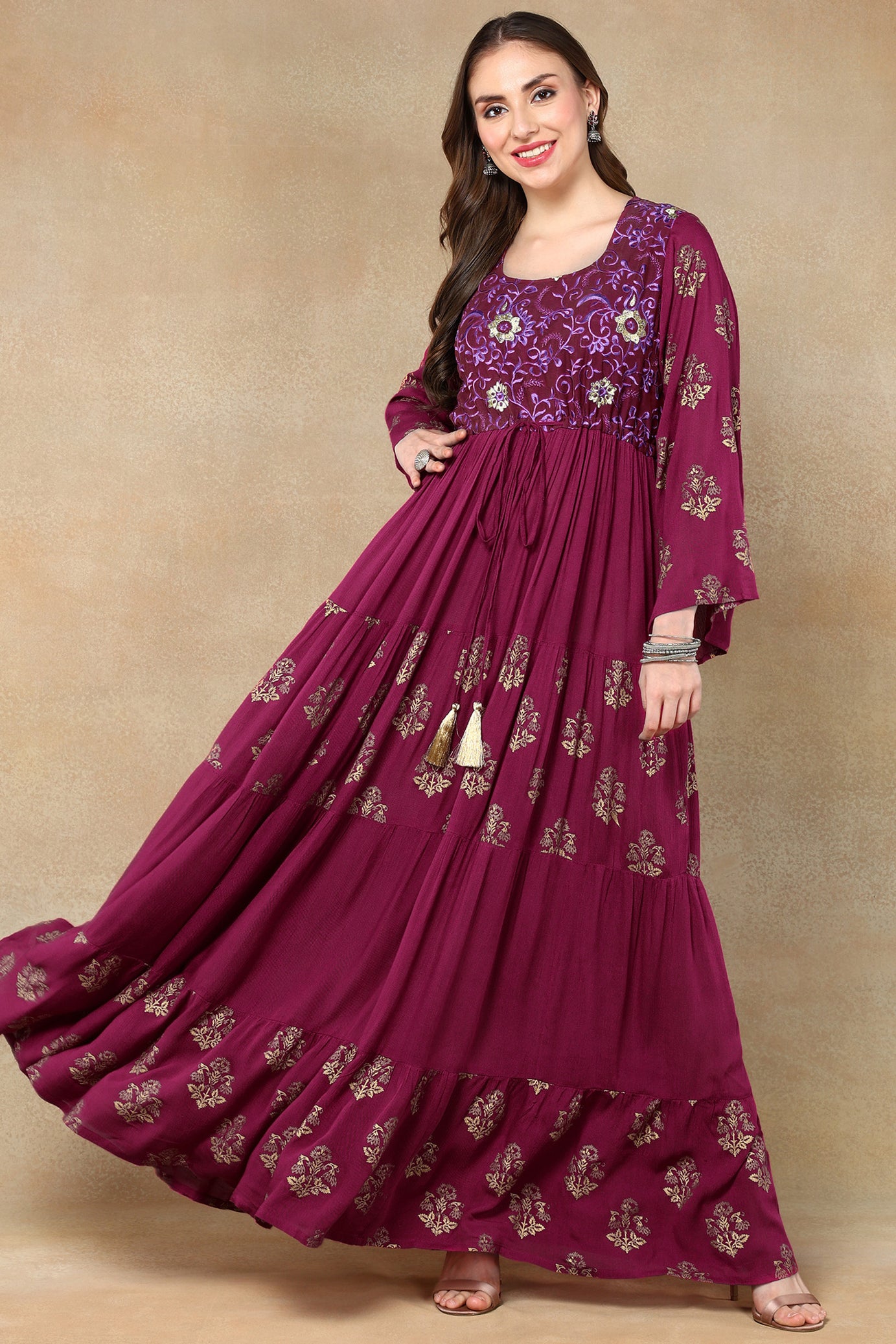 Elegant Purple Chiffon Block Printed  Kaftan with Bell Sleeves and Gold Embroidery