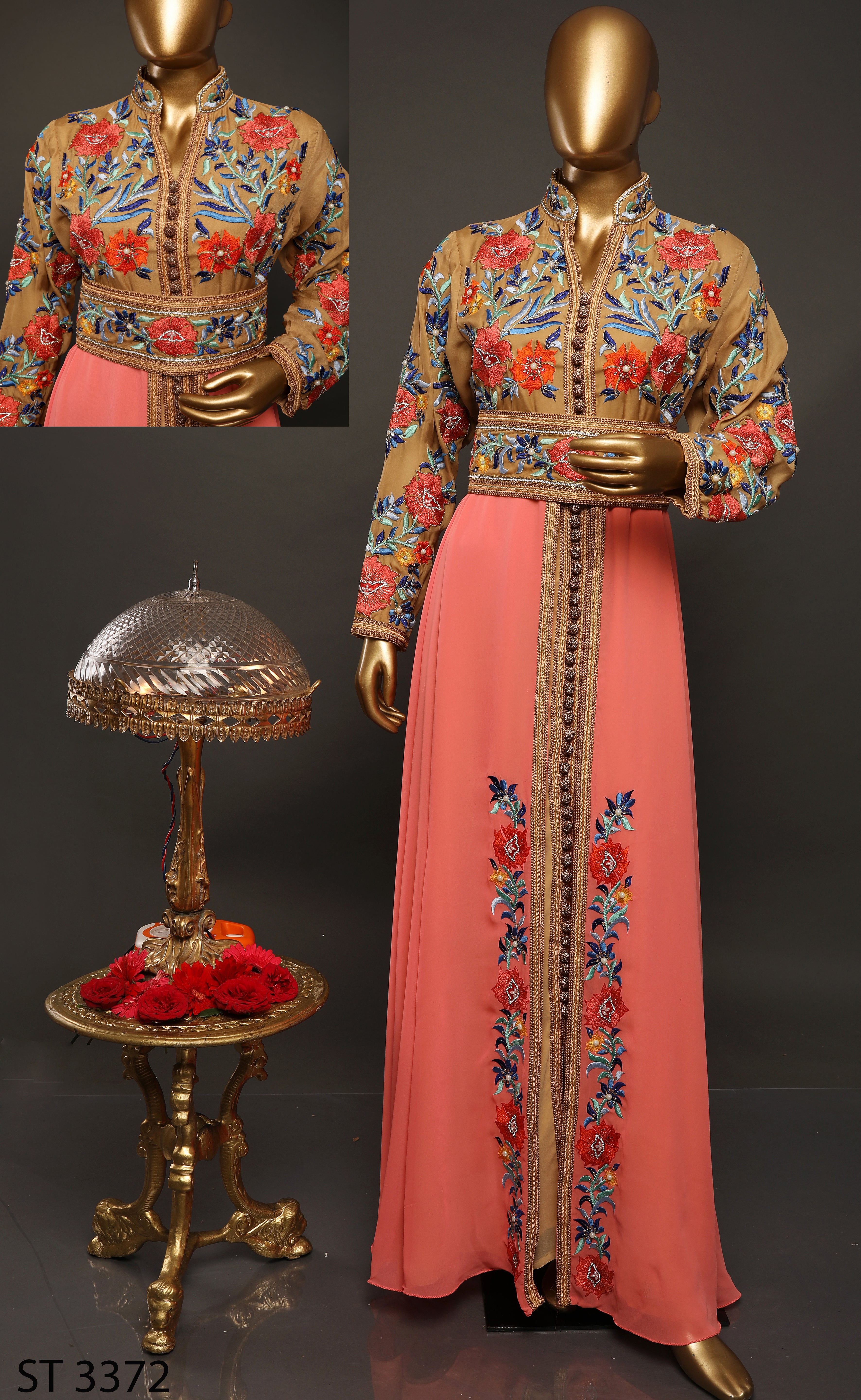 Gold Art Silk Resham Embroidered Yok With Georgette Flare