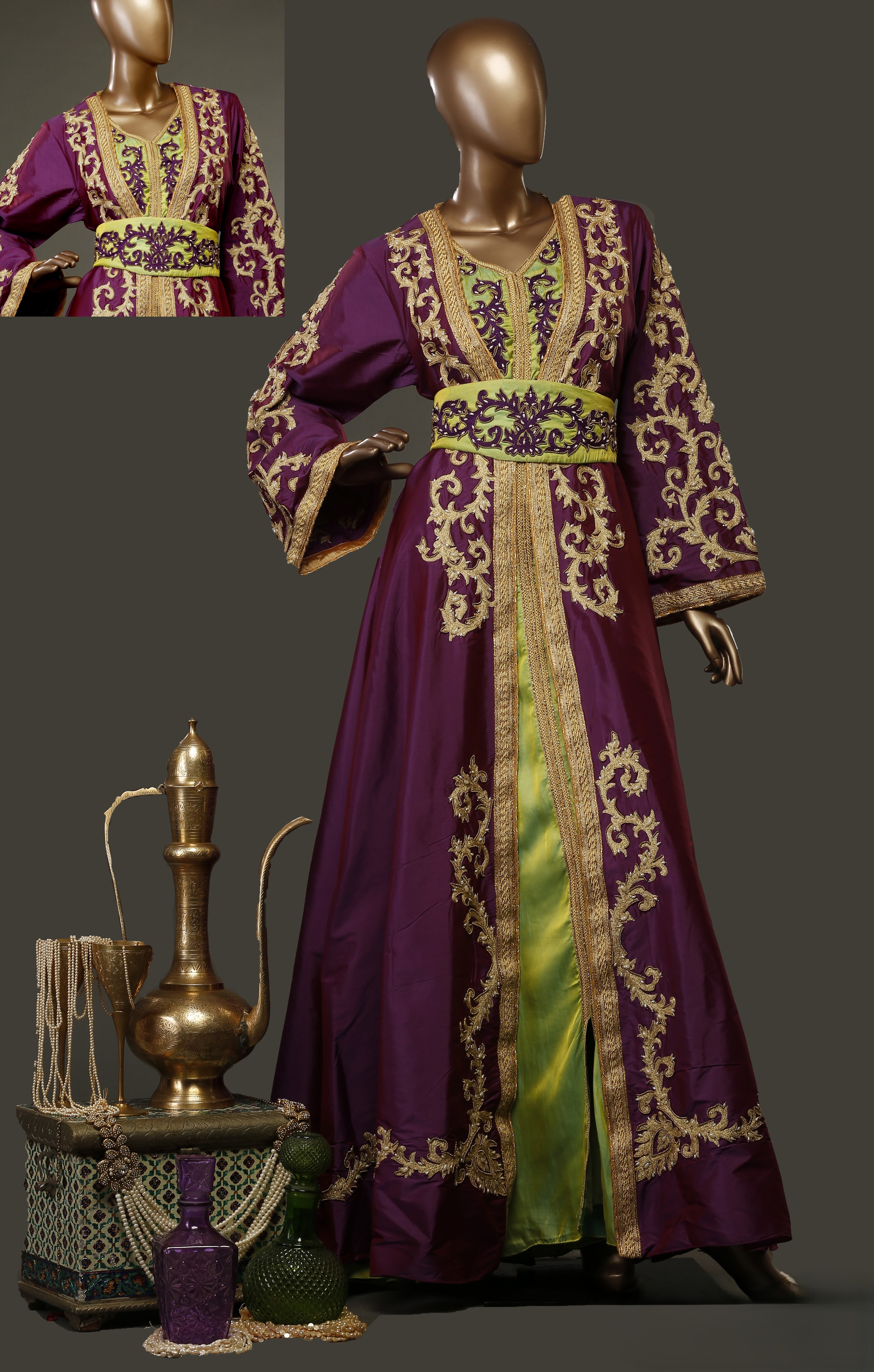 Purple art silk  fabric jacket with neon slip embelished with neon embroidered belt kaftan