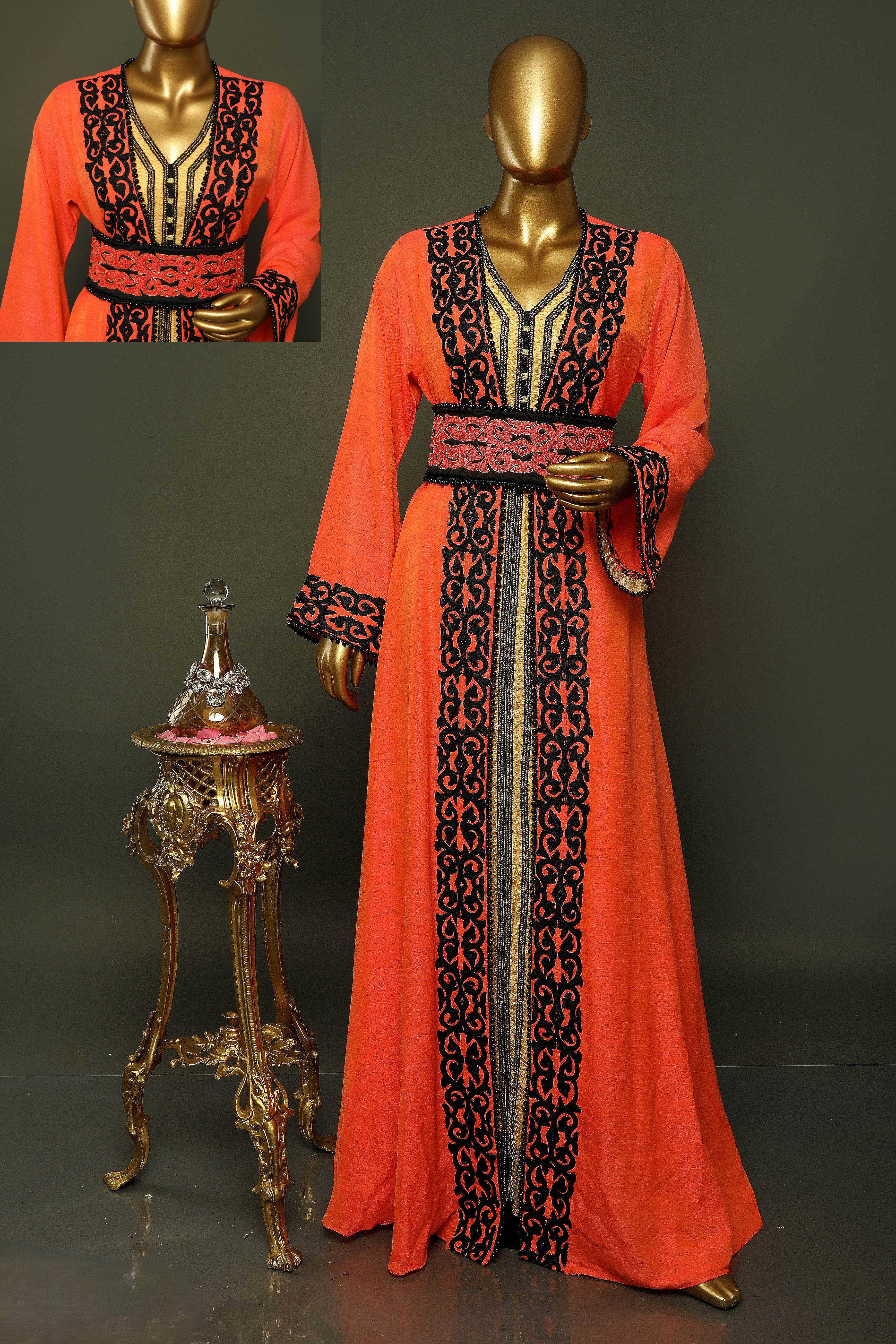 Orange Kaftan With Gold Slip And Black Aari Embroidery With Silver Hand Work