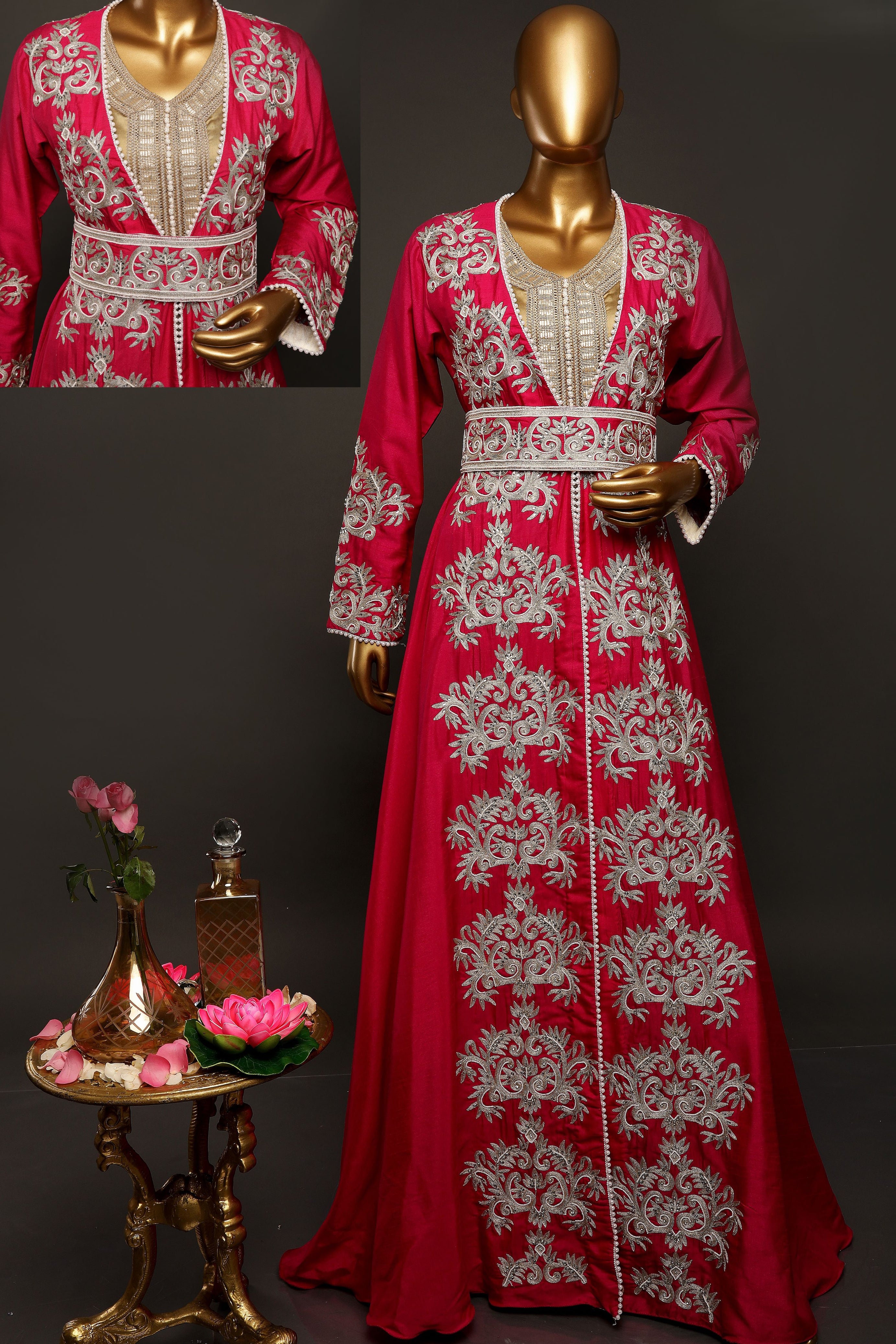 FUSCHIA KAFTAN WITH SILVER THREAD EMBROIDERY AND HAND HILIGHT