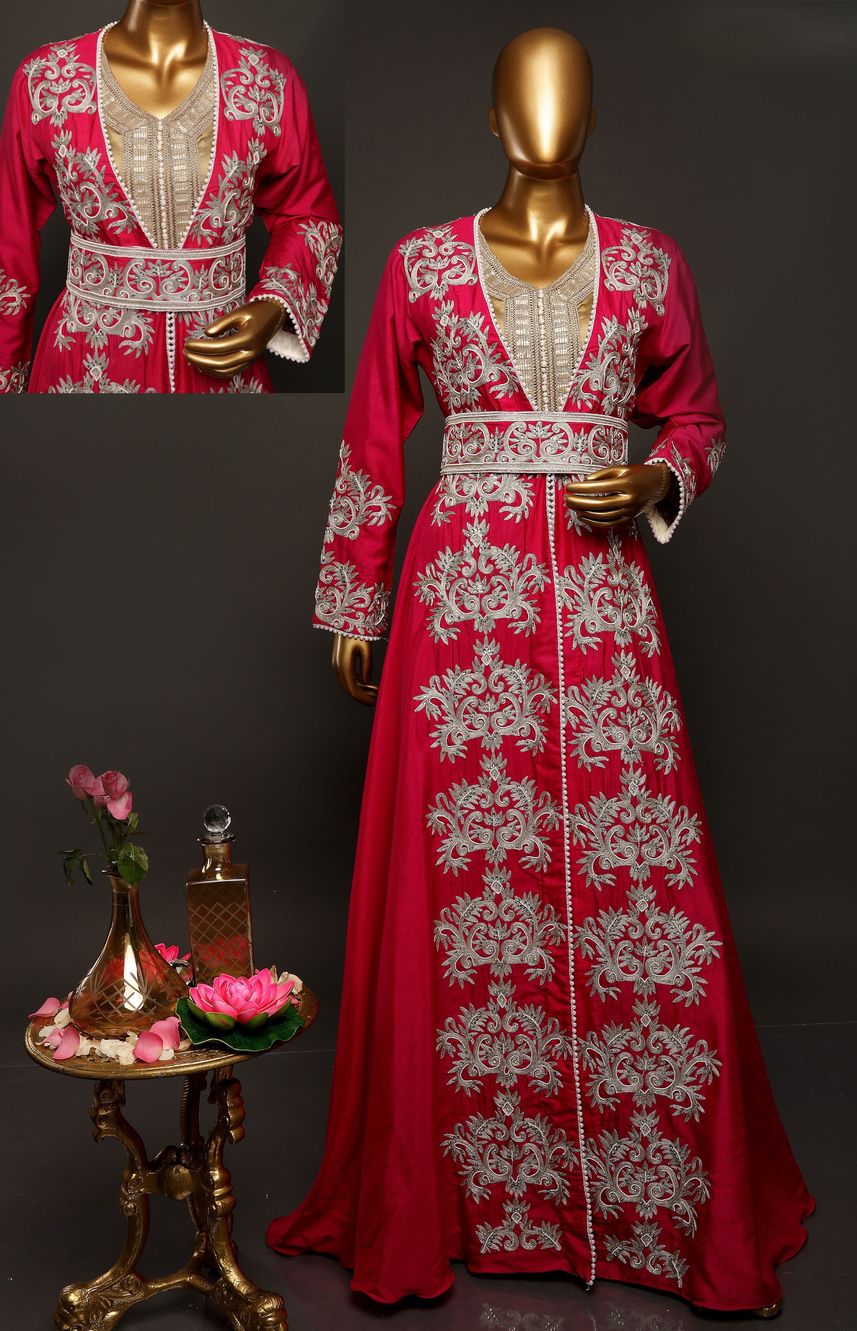 FUSCHIA KAFTAN WITH SILVER THREAD EMBROIDERY AND HAND HILIGHT