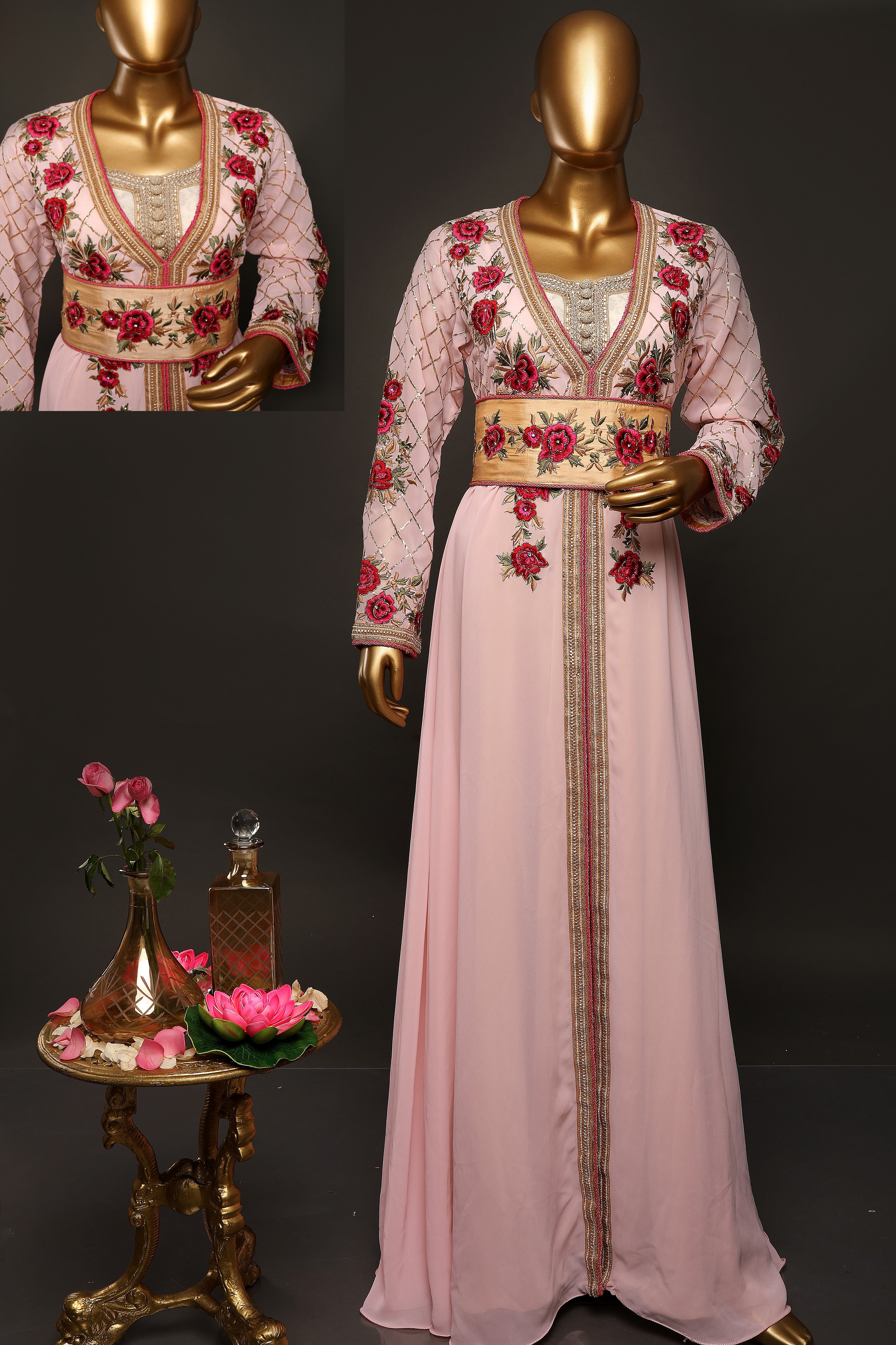 Ethereal Pink Double Georgette Jacket Set: Floral Splendor