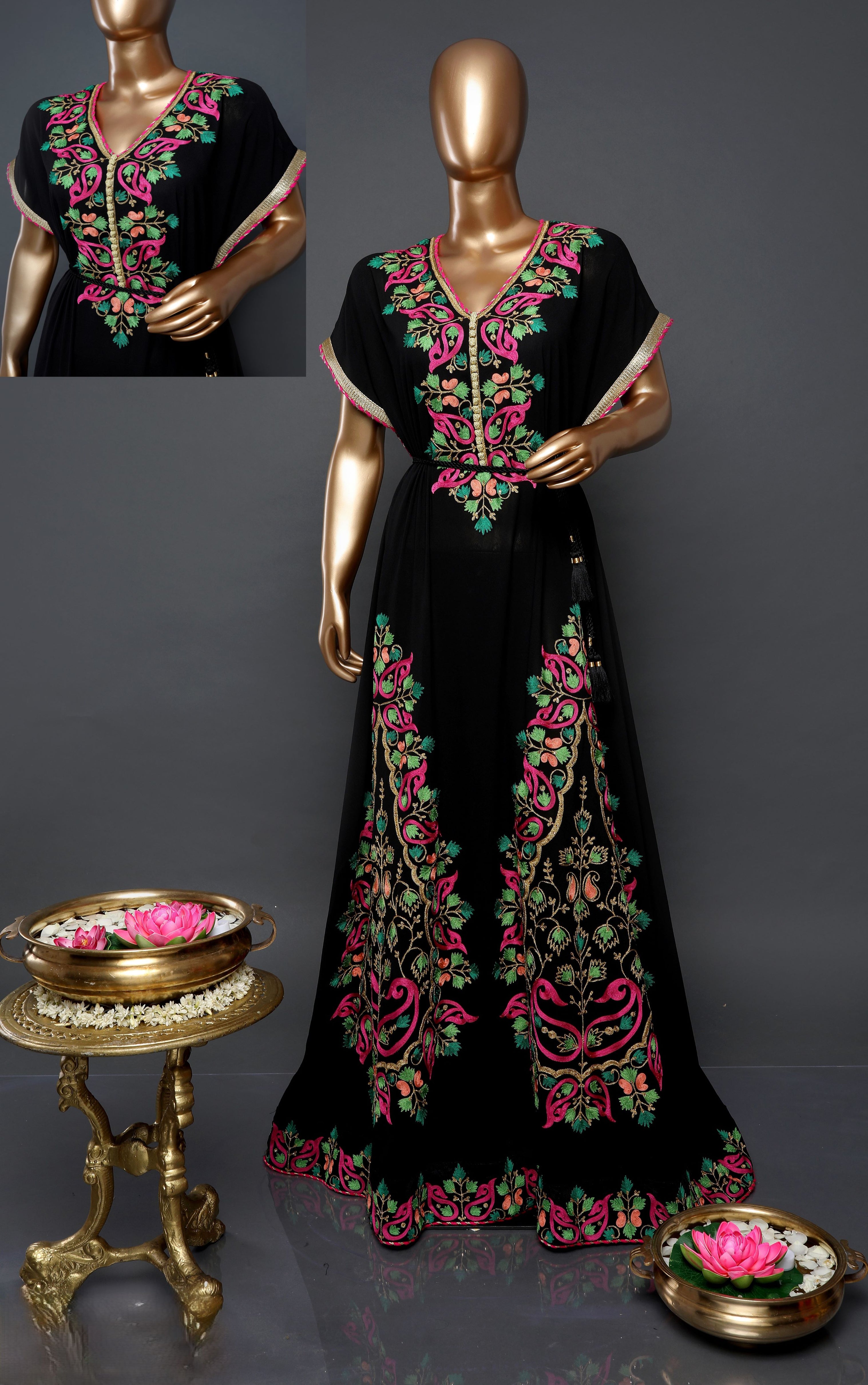 Black Georgette A-Line Kaftan with Vibrant Multi thread Embroidery With Golden buttons