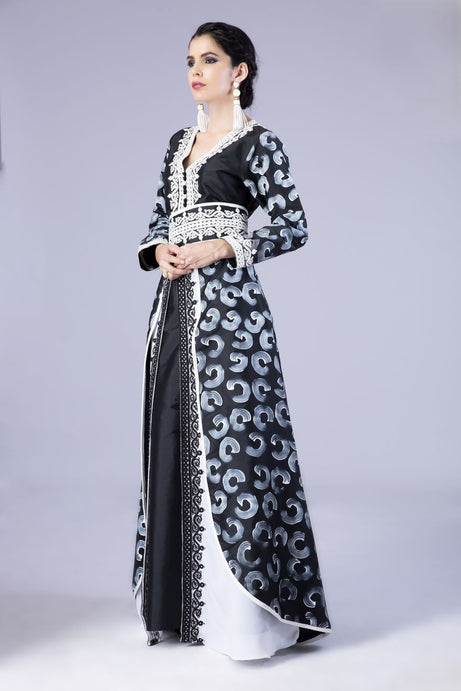 Black and Grey Art Silk Kaftan Embellished with Brush Paint and Embroidered with Dori Work