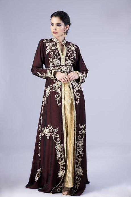 Maroon Jacket with Golden Net Fabric slit Featuring Aari Work and Hand Embroidery kaftan with embroidered belt