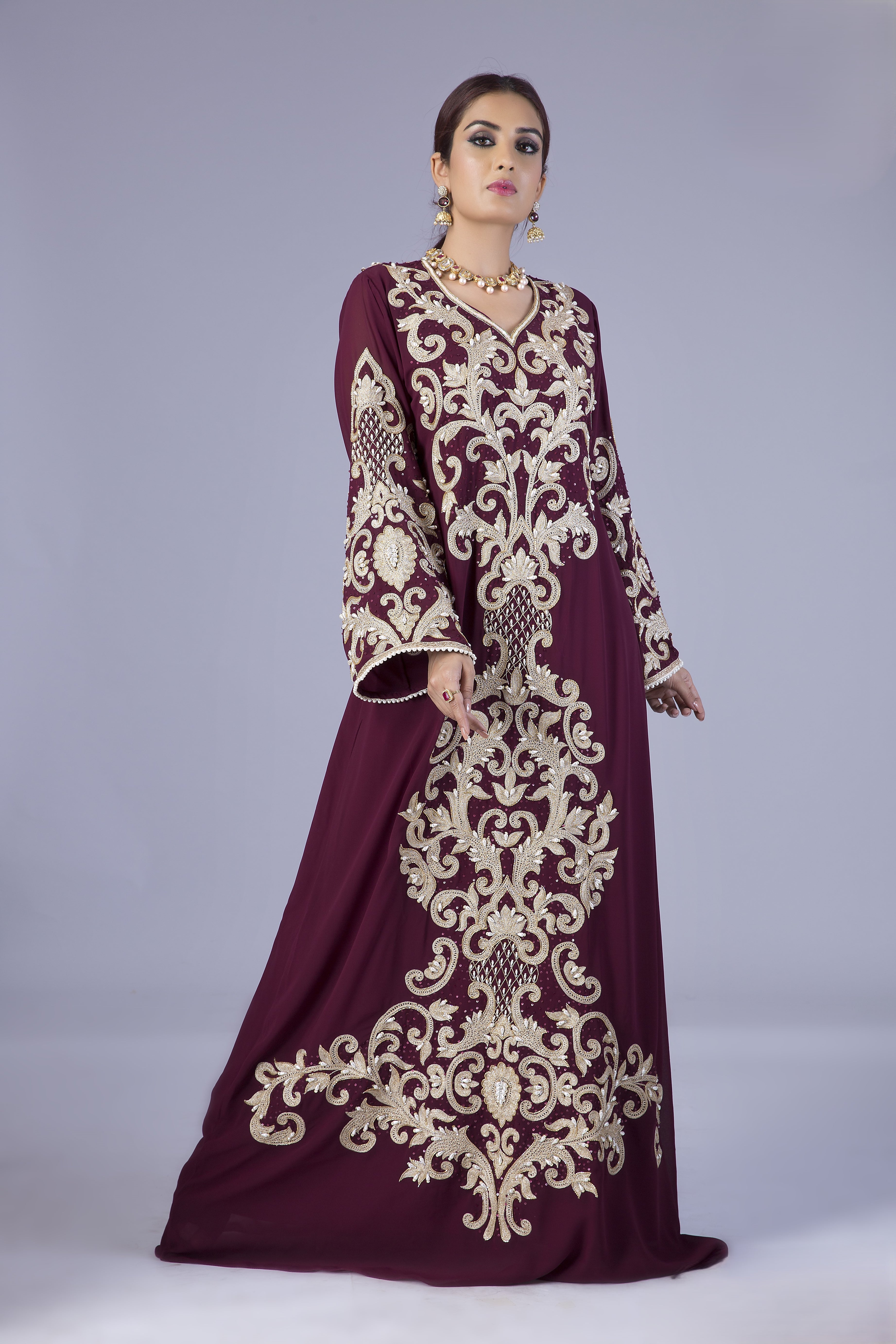 Dark Maroon A Line Kaftan With Embroidery