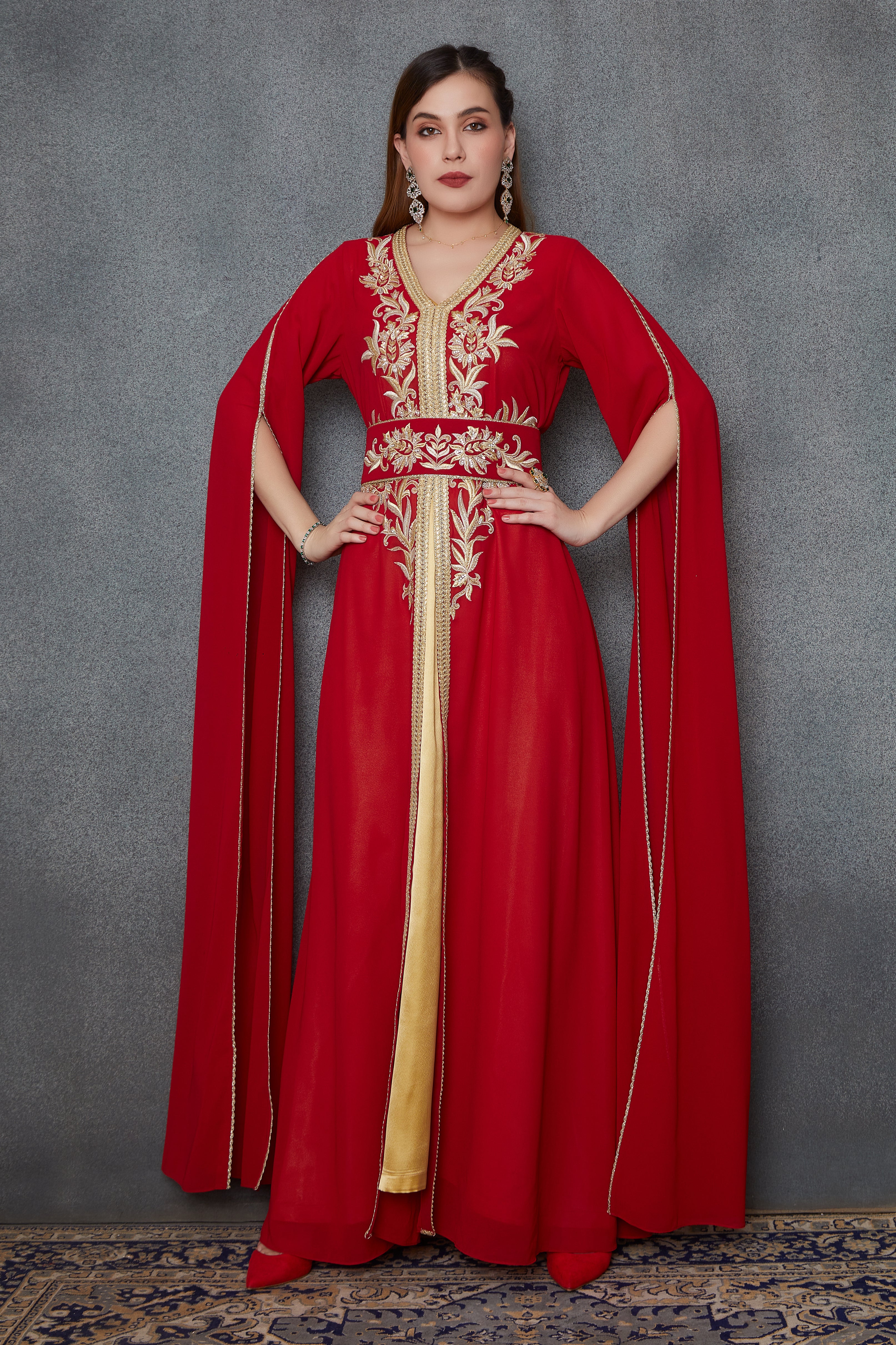 Red Georgette Kaftan with Gold Satin Slip and Gold Zari Embroidery