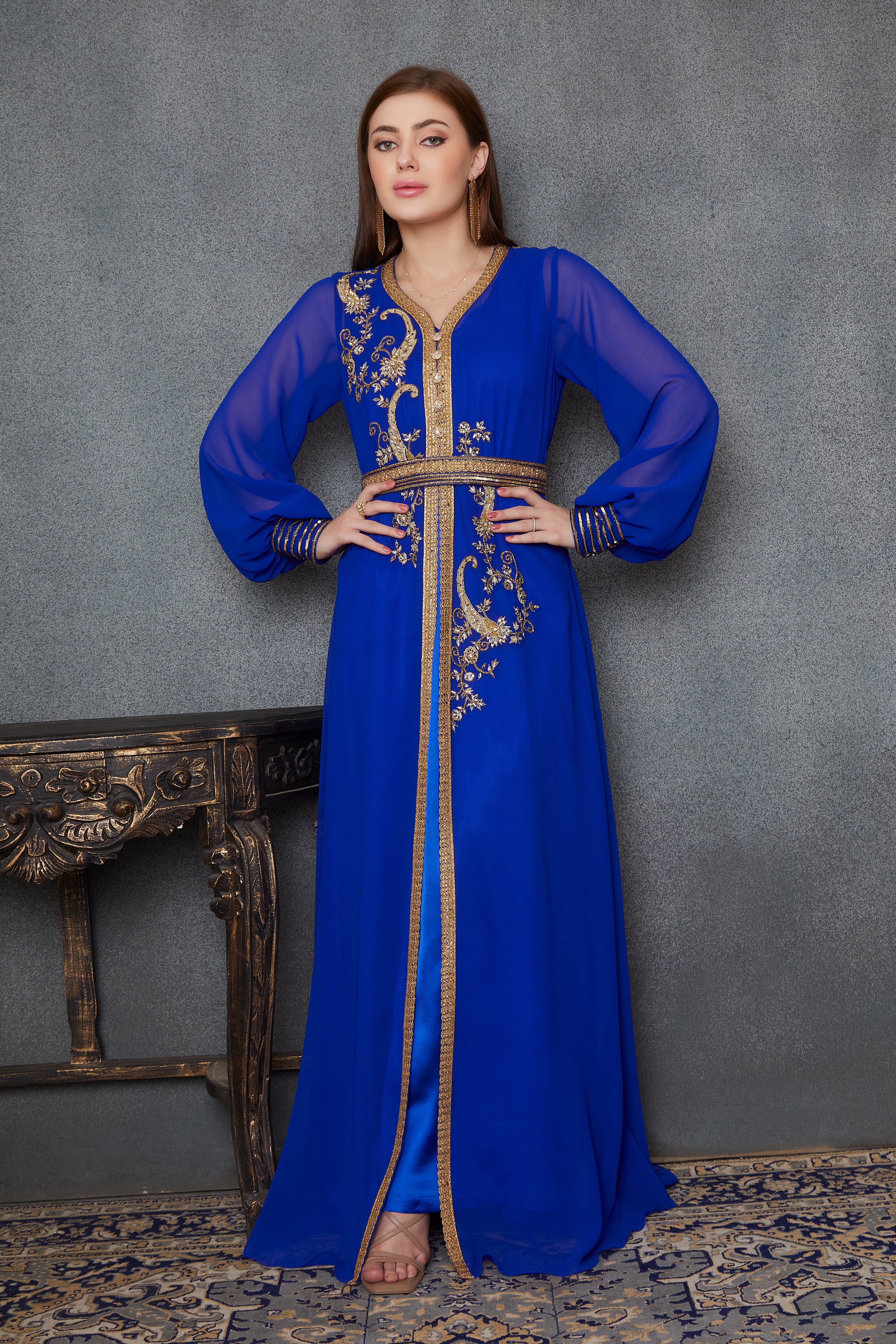 Royal Blue Hand Worked Kaftan With Inner Slip and Belt