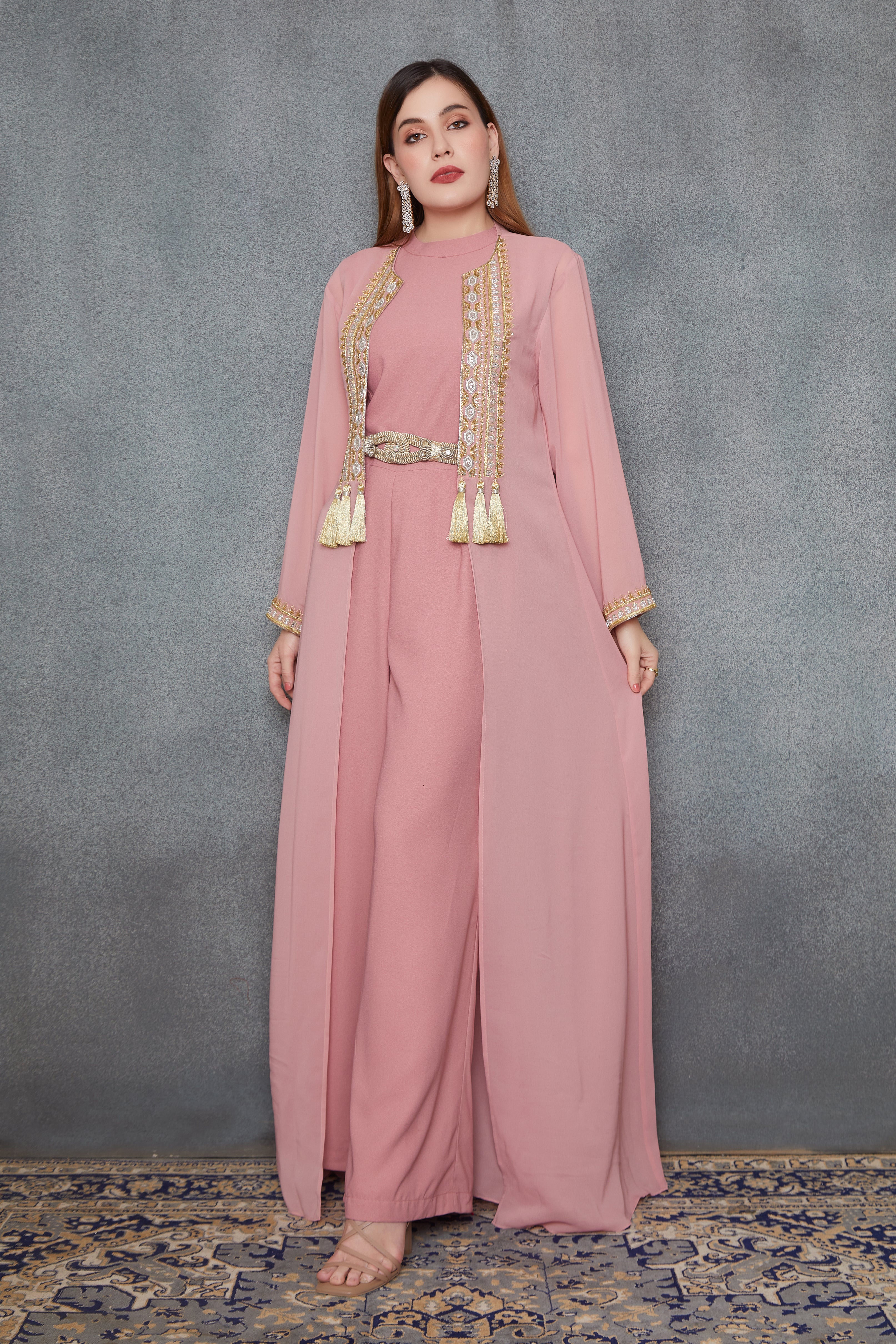 Pink Jacket With Machine/Hand Emboridery With Jumpsuit