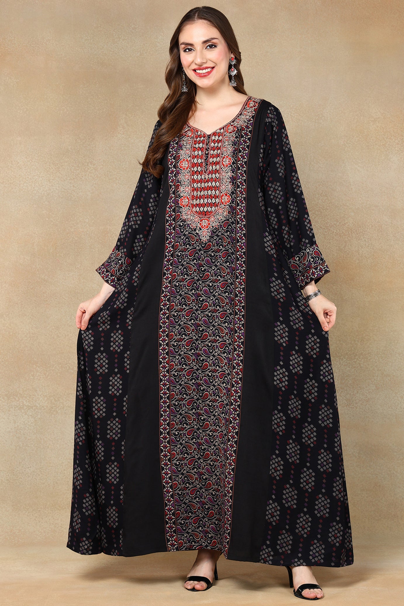 Black Rayon Kaftan With Multi coloured Thread Embroidery on Neck