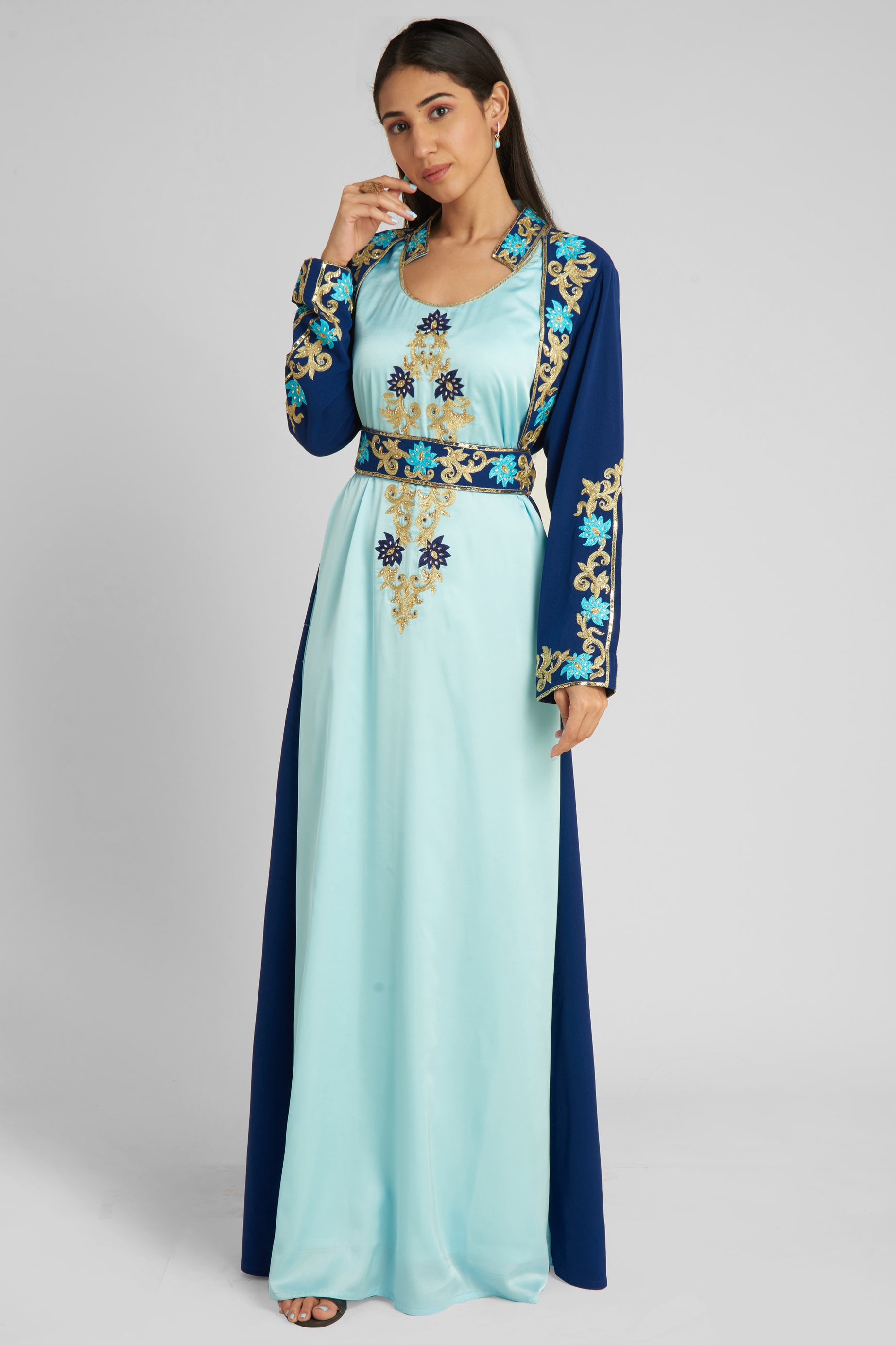 Dark Blue Jacket With Embroidered Light Blue Slip Elegant kaftan With Embroidery