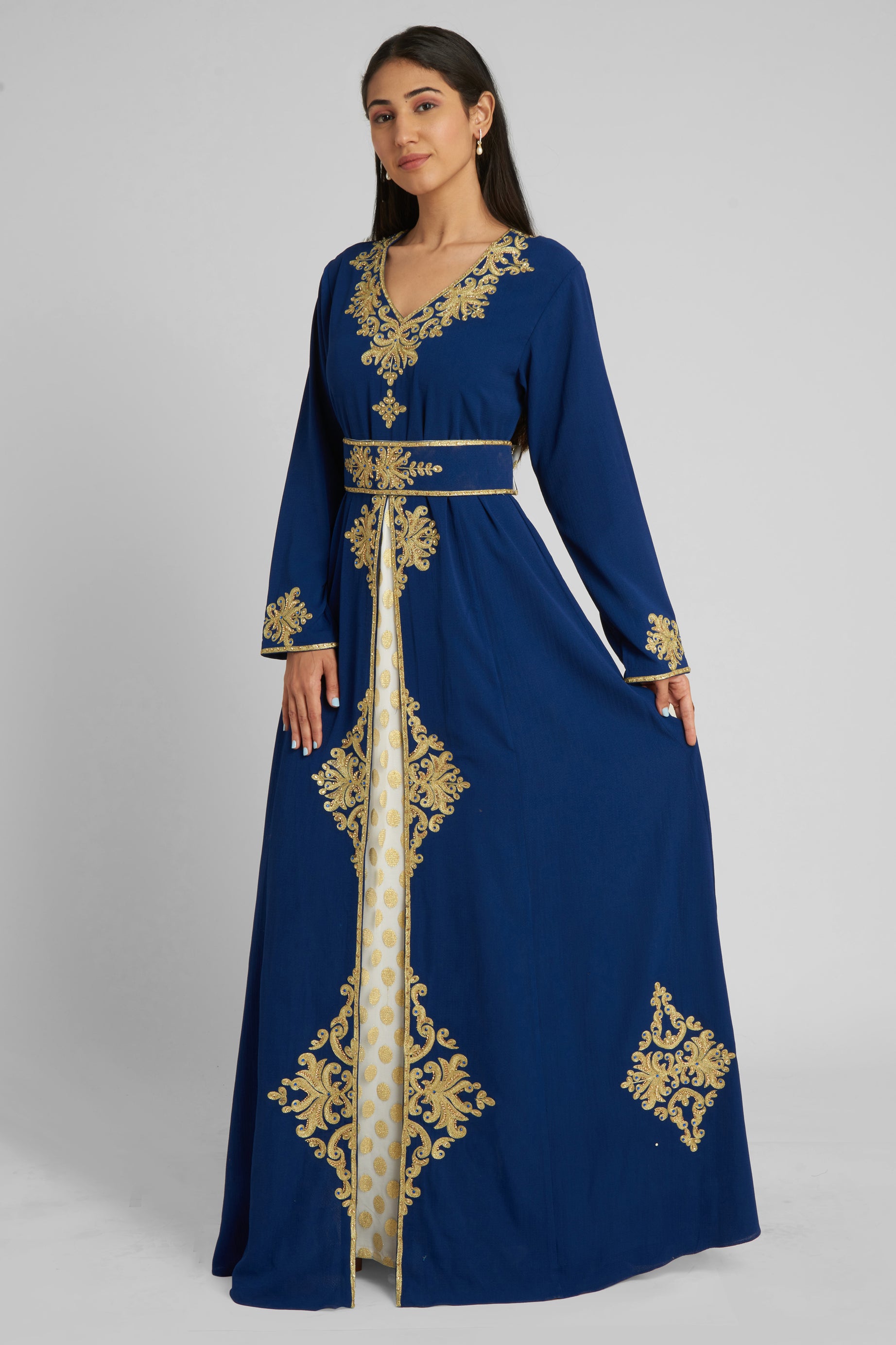 Evening kaftan in elegant Blue color With Golden Thread Embroidery highlighted by Gold and Blue Stones