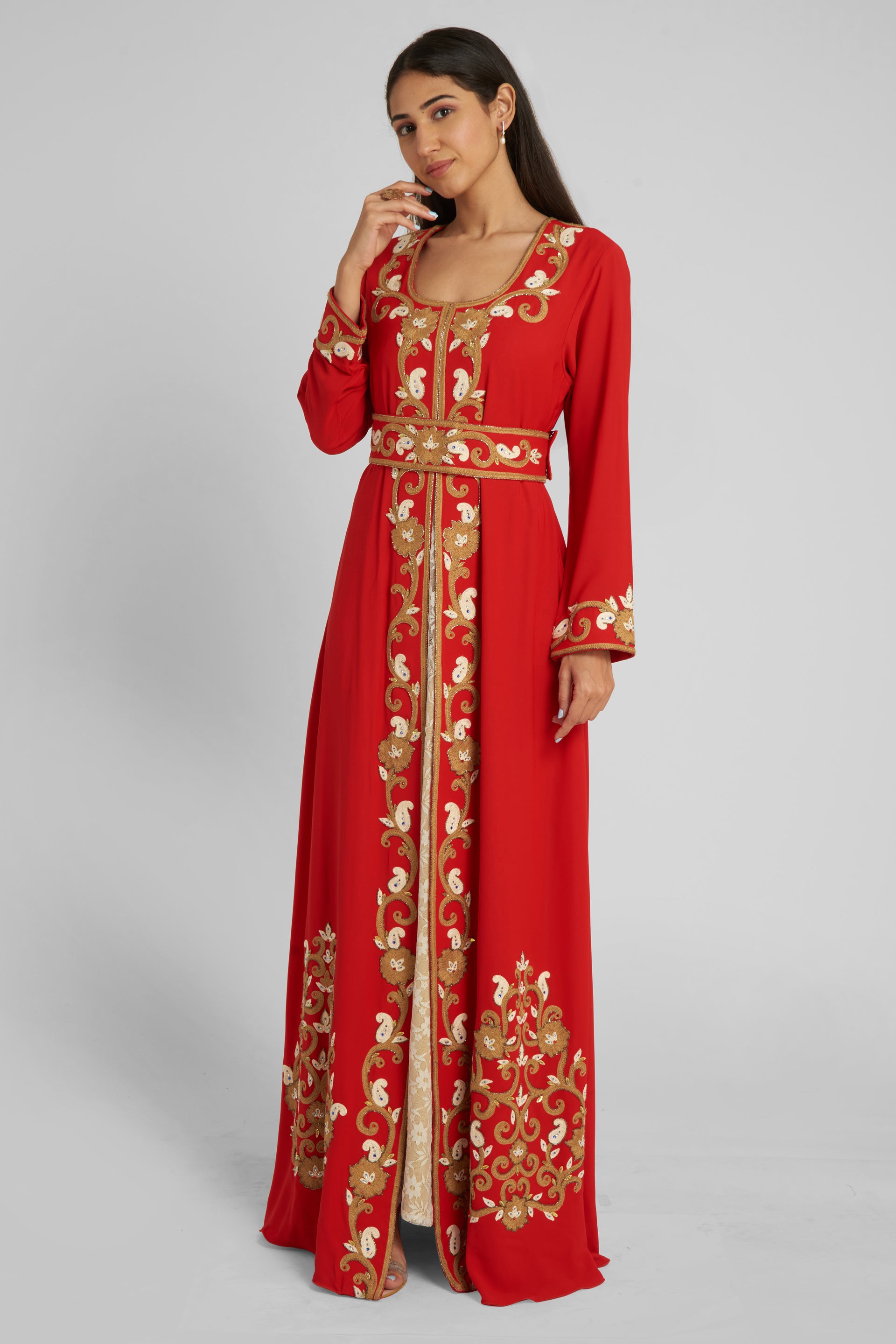 Red Georgette caftan dress in Resham aari work detail with stone highlight