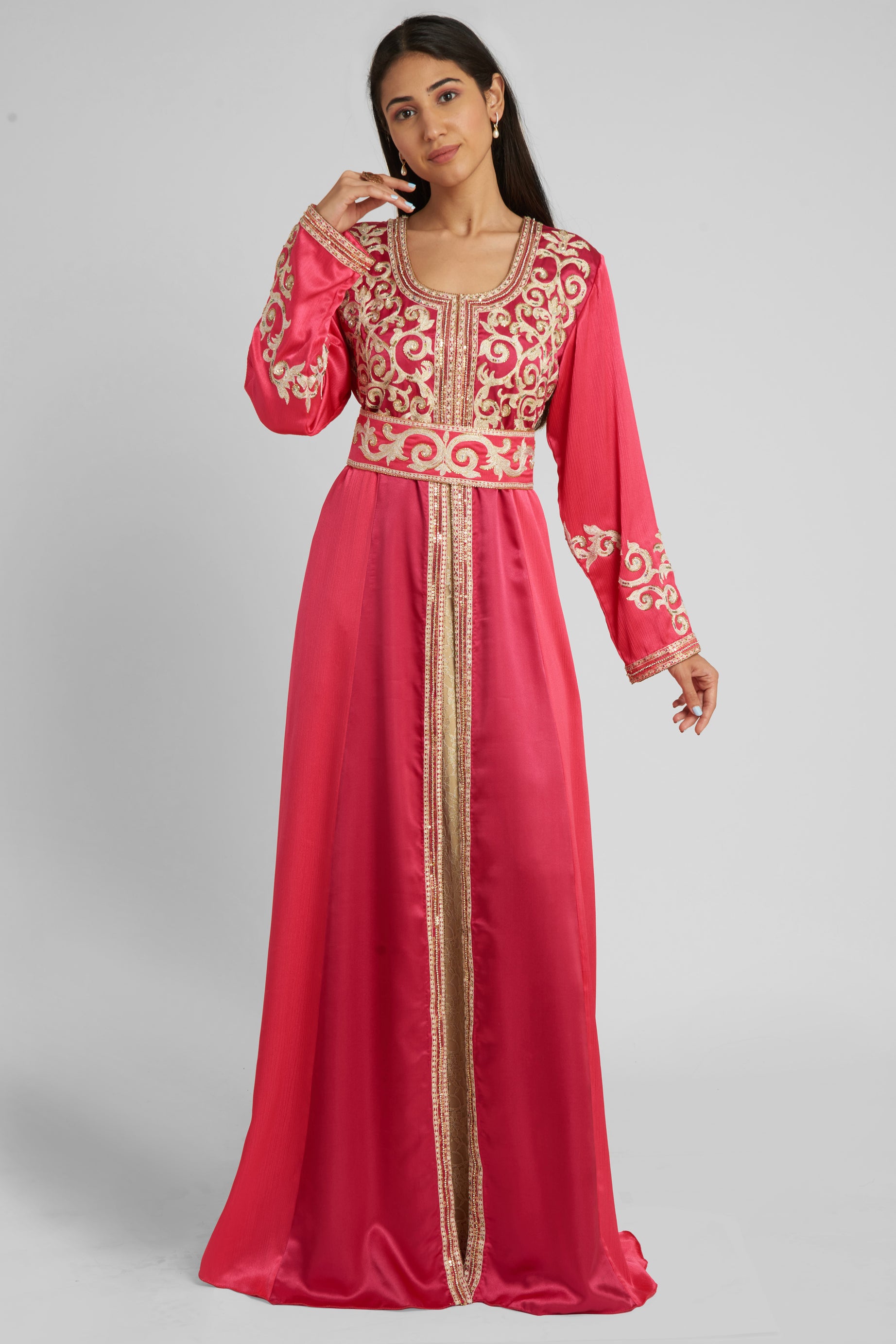 Luxury Satin caftan dress With Gold Thread Work and Gold Hand highlight.