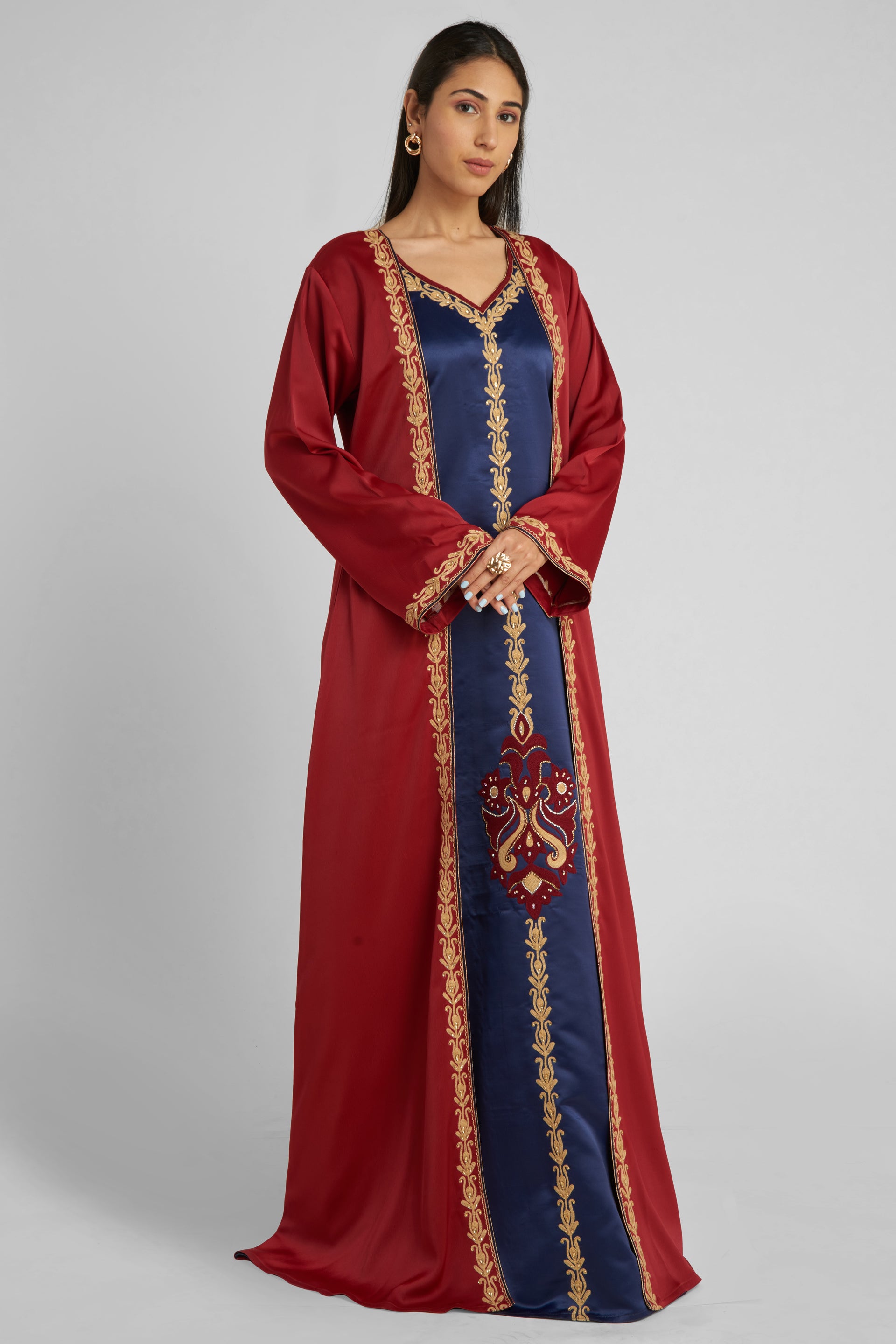 Elegant Royal Blue caftan with Maroon embroidered jacket