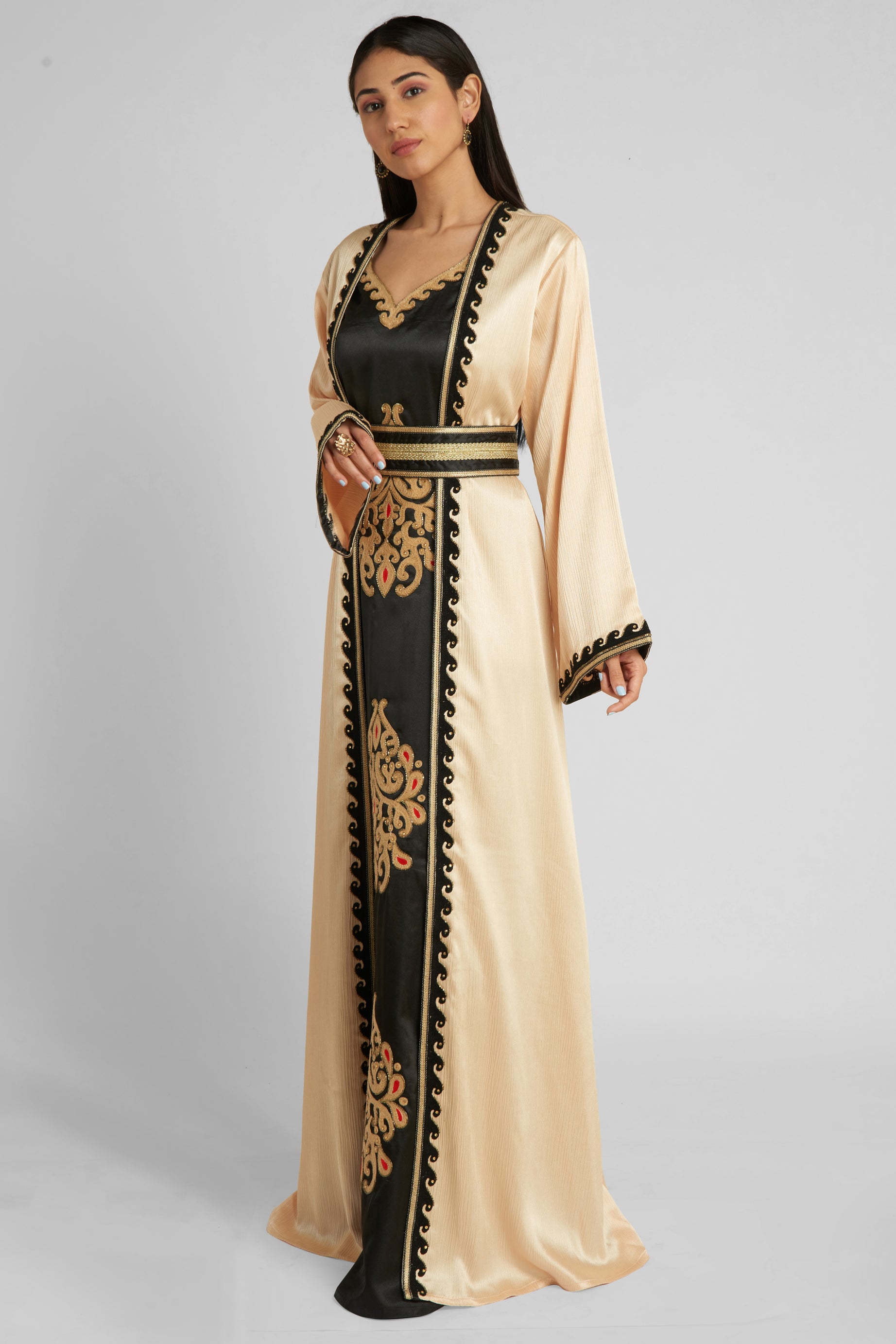 Embroidered Light Gold Maxi kaftan with contrast inner with Machine/Hand Embroidery