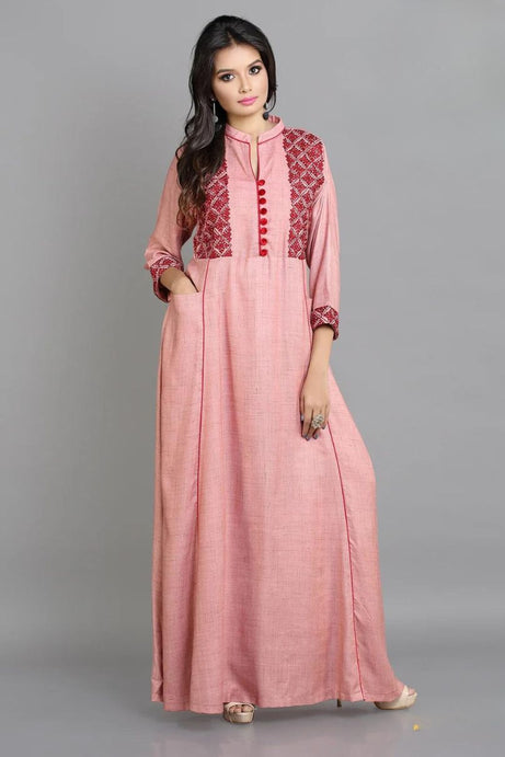 Elegant Dusky Pink Kaftan: Geometric Embroidered Charm