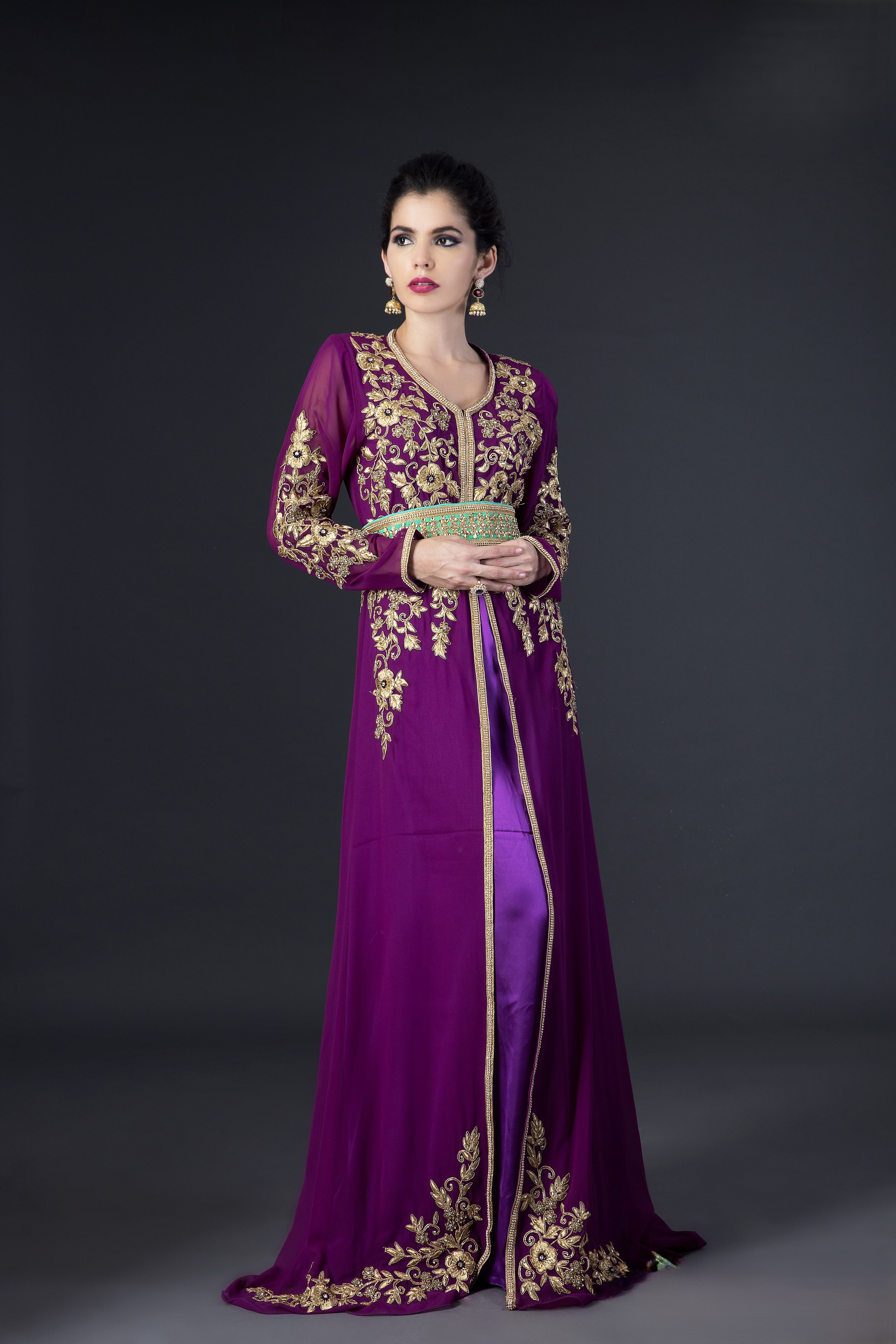 Ramadan kaftan with antique gold thread work embroidery highlighted by hand